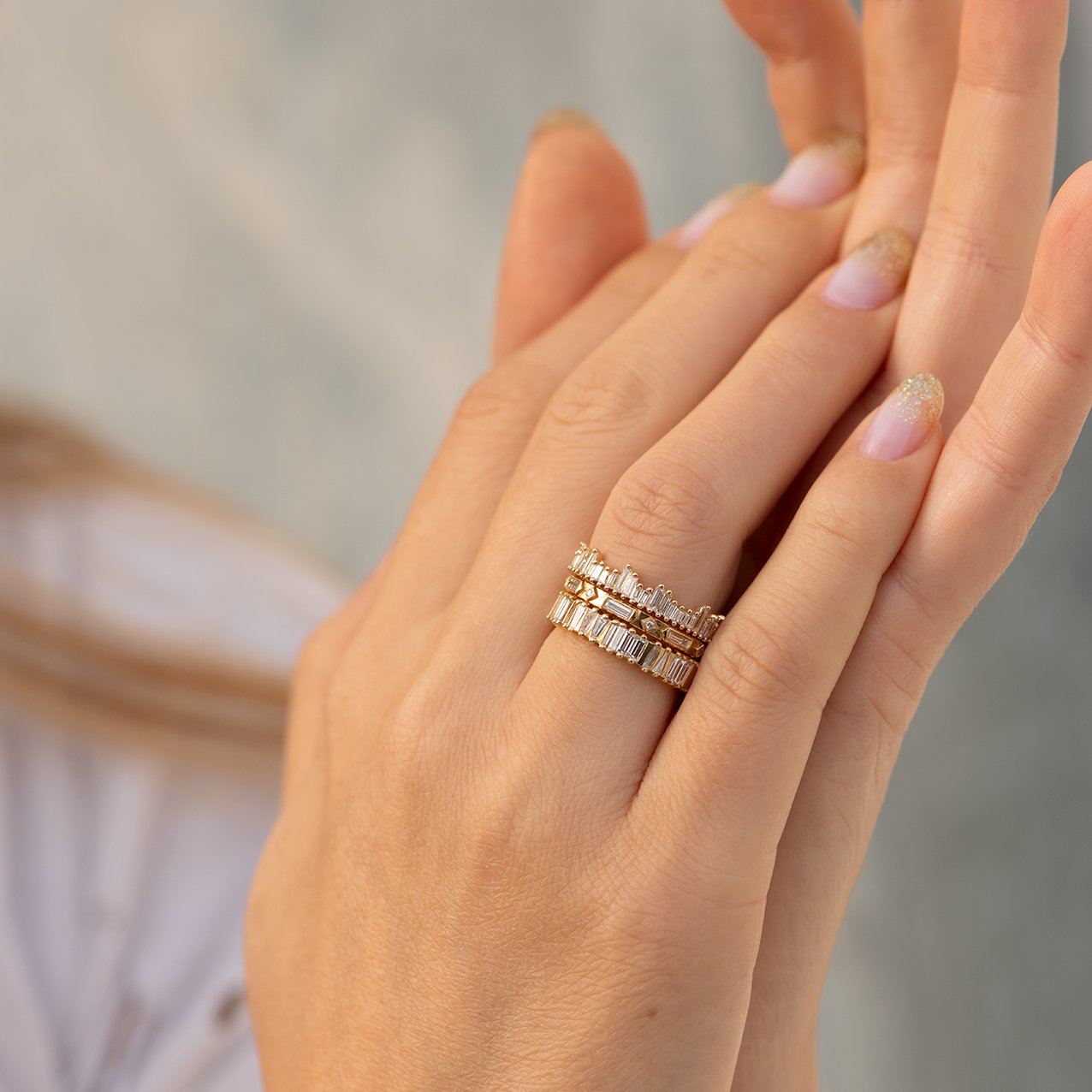 Half Eternity 18K Gold Geometric Ring with Baguette &amp; Round Diamonds
