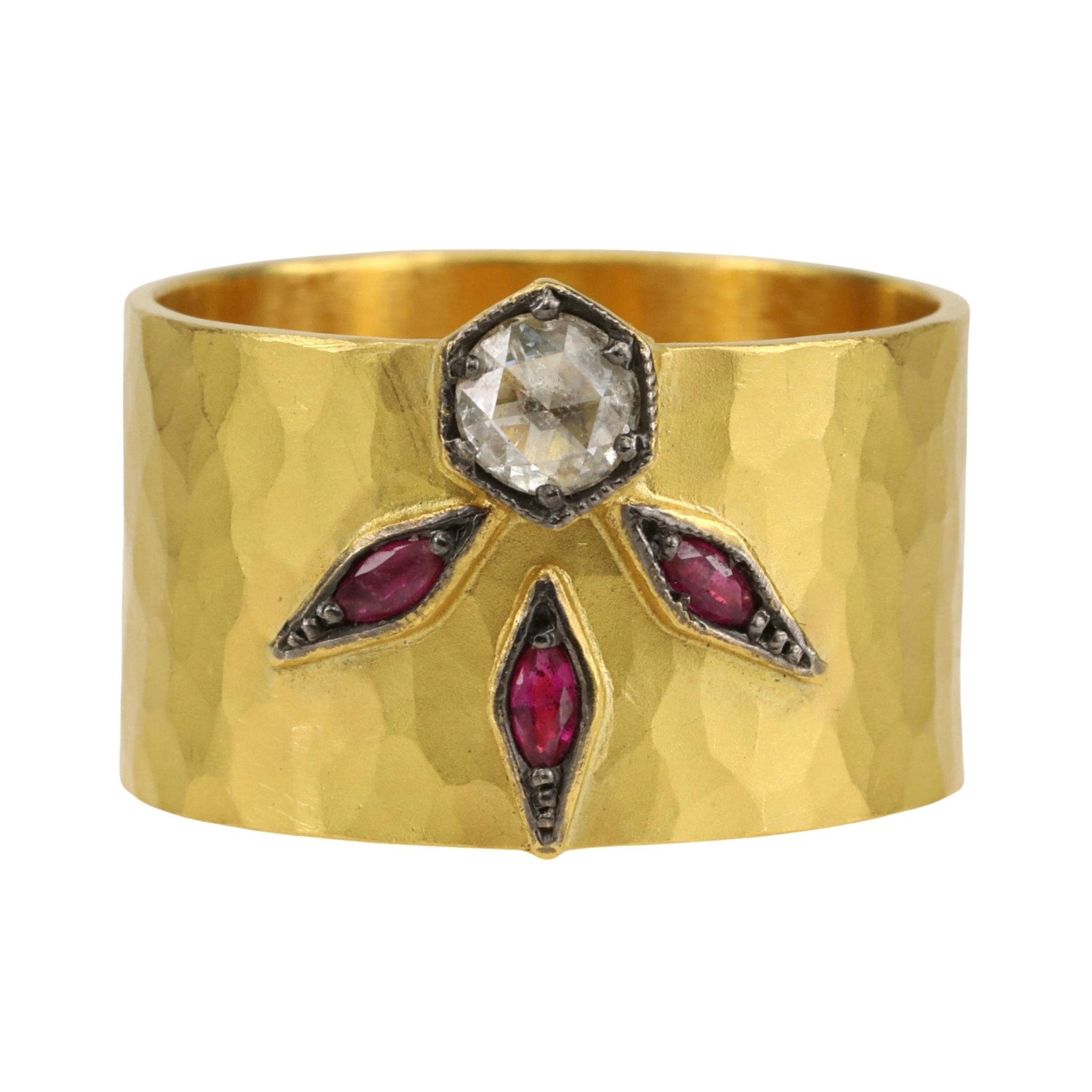 Cathy Waterman Hammered 22K Gold Ring with Hex Grey Diamond &amp; Marquise Rubies