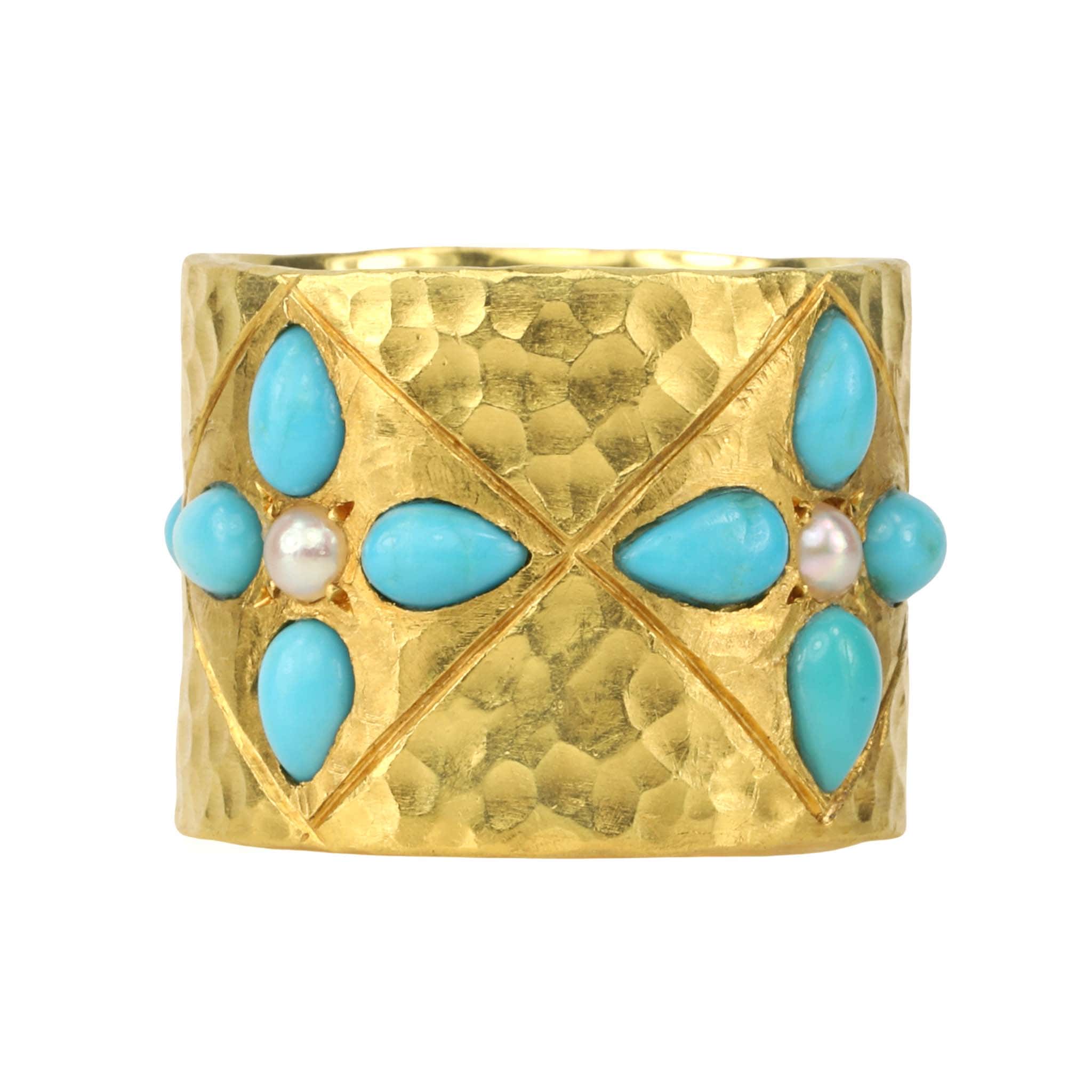 Cathy Waterman Hammered 22K Gold Turquoise &amp; Pearl Wide Band