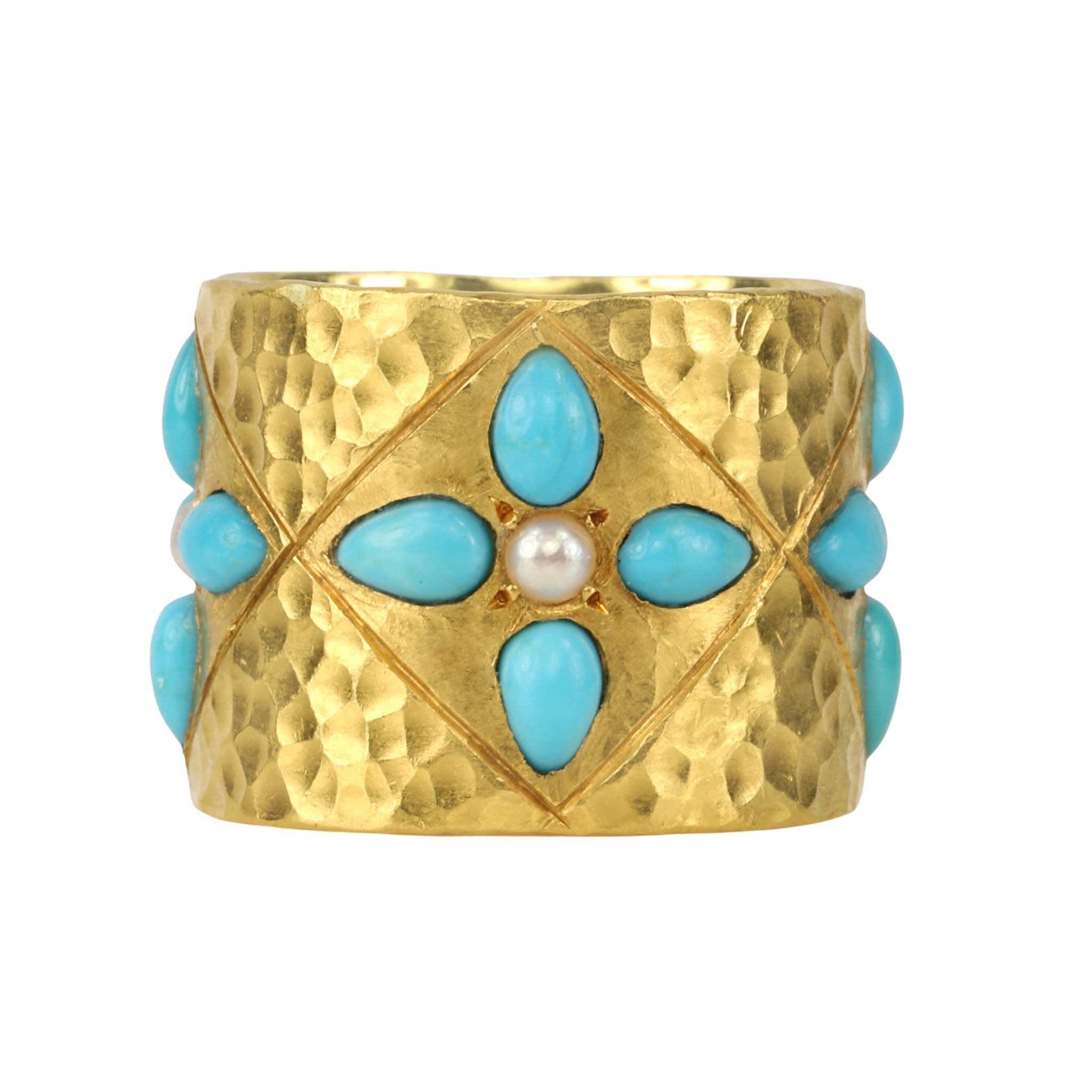 Cathy Waterman Hammered 22K Gold Turquoise &amp; Pearl Wide Band