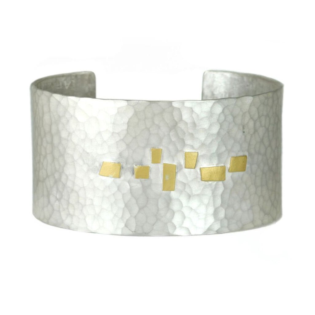Annie Fensterstock Hammered Sterling Silver Wide Cuff Bracelet with Gold Detail