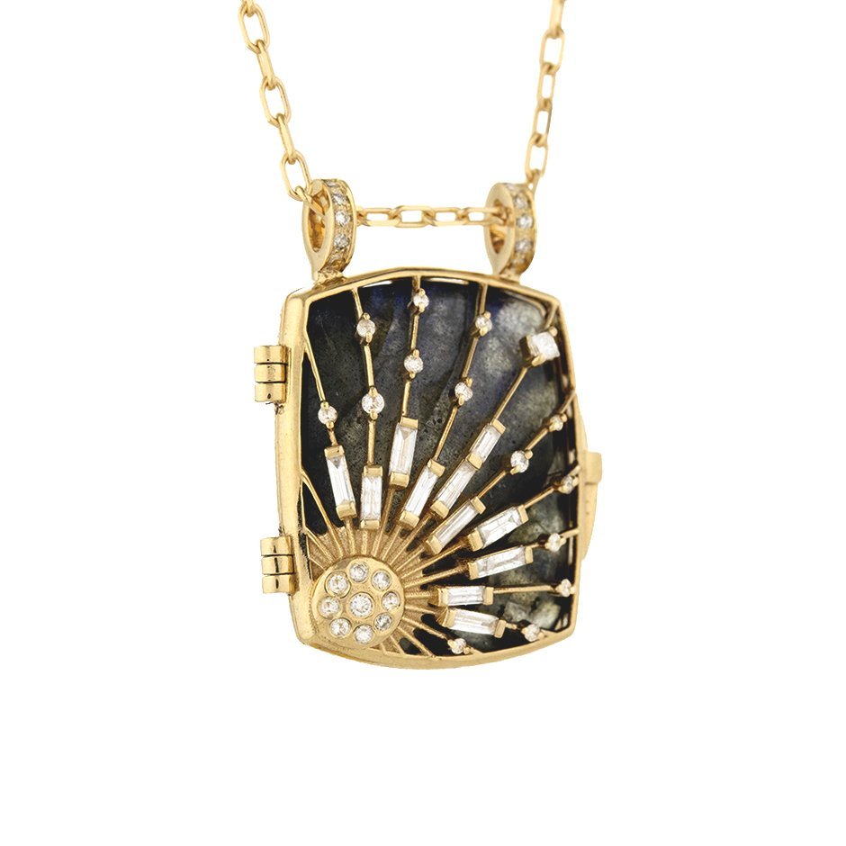 Celine Daoust Labradorite Sun and Diamond Locket Necklace