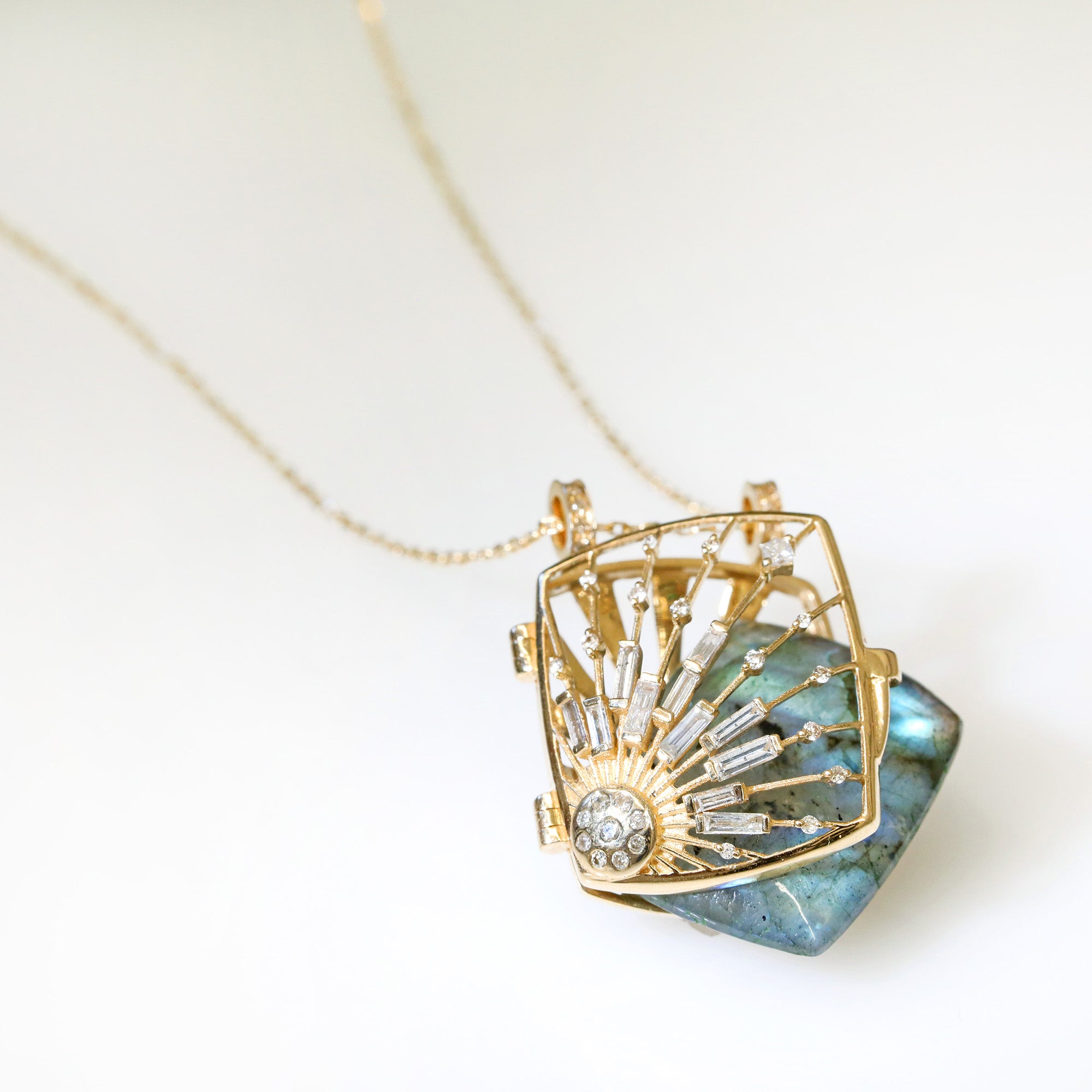 Celine Daoust Labradorite Sun and Diamond Locket Necklace