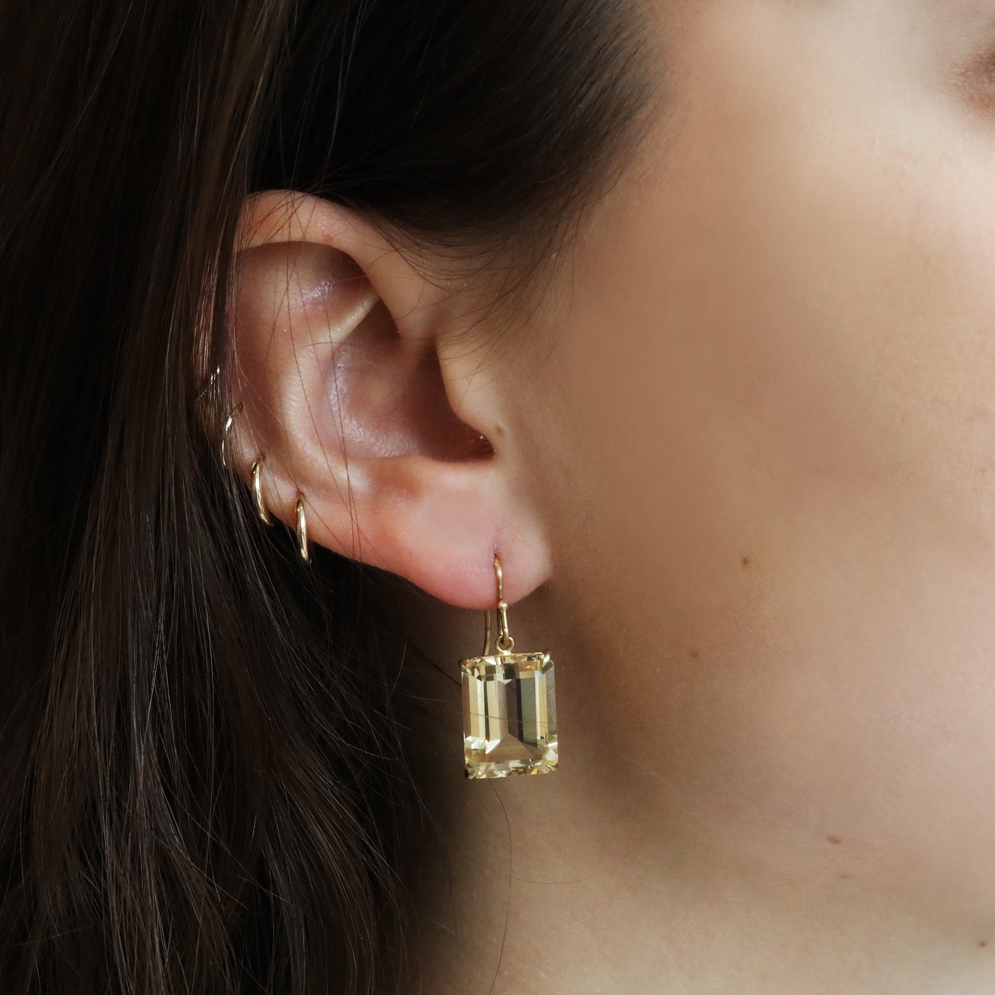 Large Emerald Cut Champagne Citrine Drop Earrings - Peridot Fine Jewelry - Rosanne Pugliese