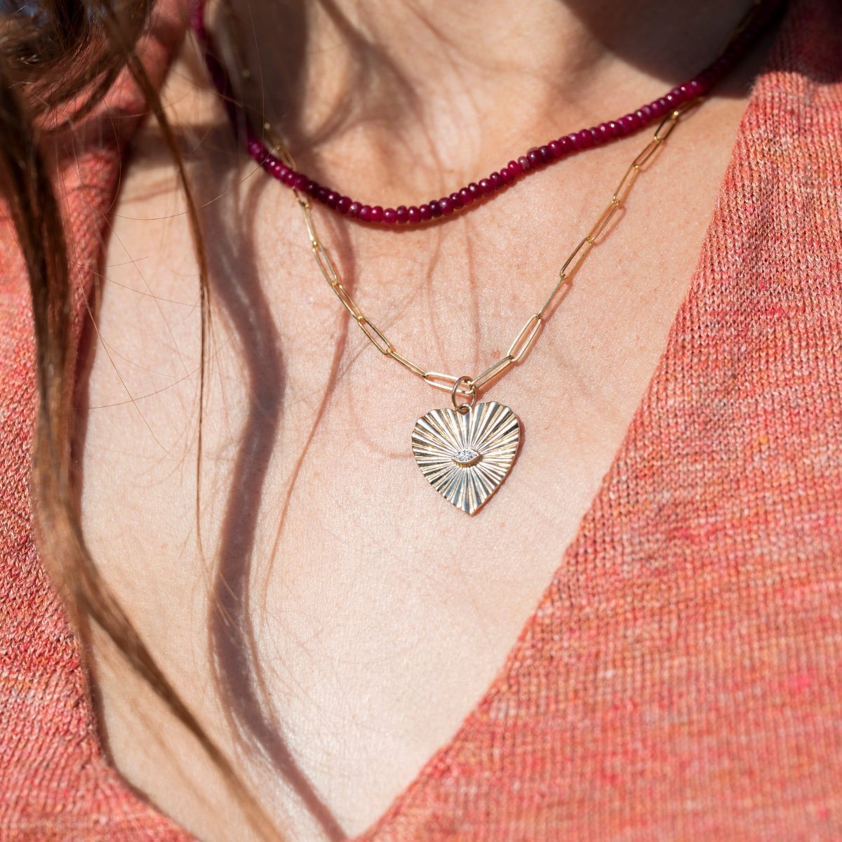 Zahava Large Textured Heart Pendant with Marquise Diamond Center