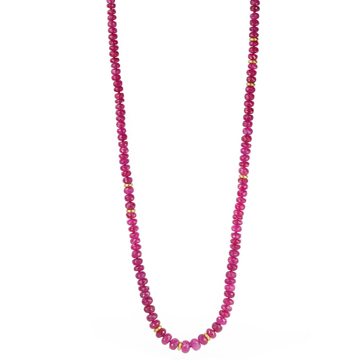 Caroline Ellen Long Faceted Ruby Beaded Necklace with 22K Gold &quot;Spacer&quot; Rings