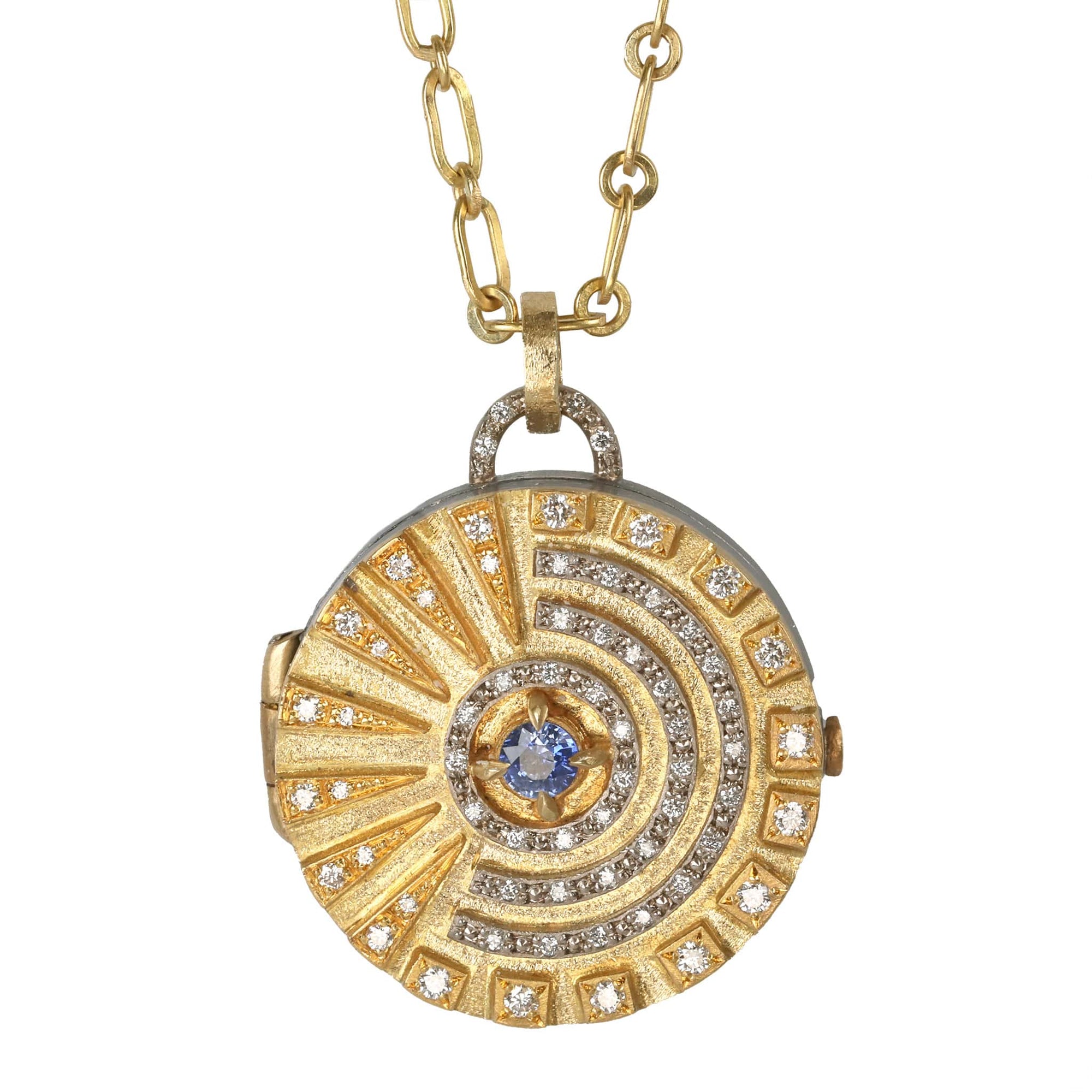 Mixed Metal "Radia" Locket with Diamonds & Center Blue Sapphire - Peridot Fine Jewelry - Annie Fensterstock