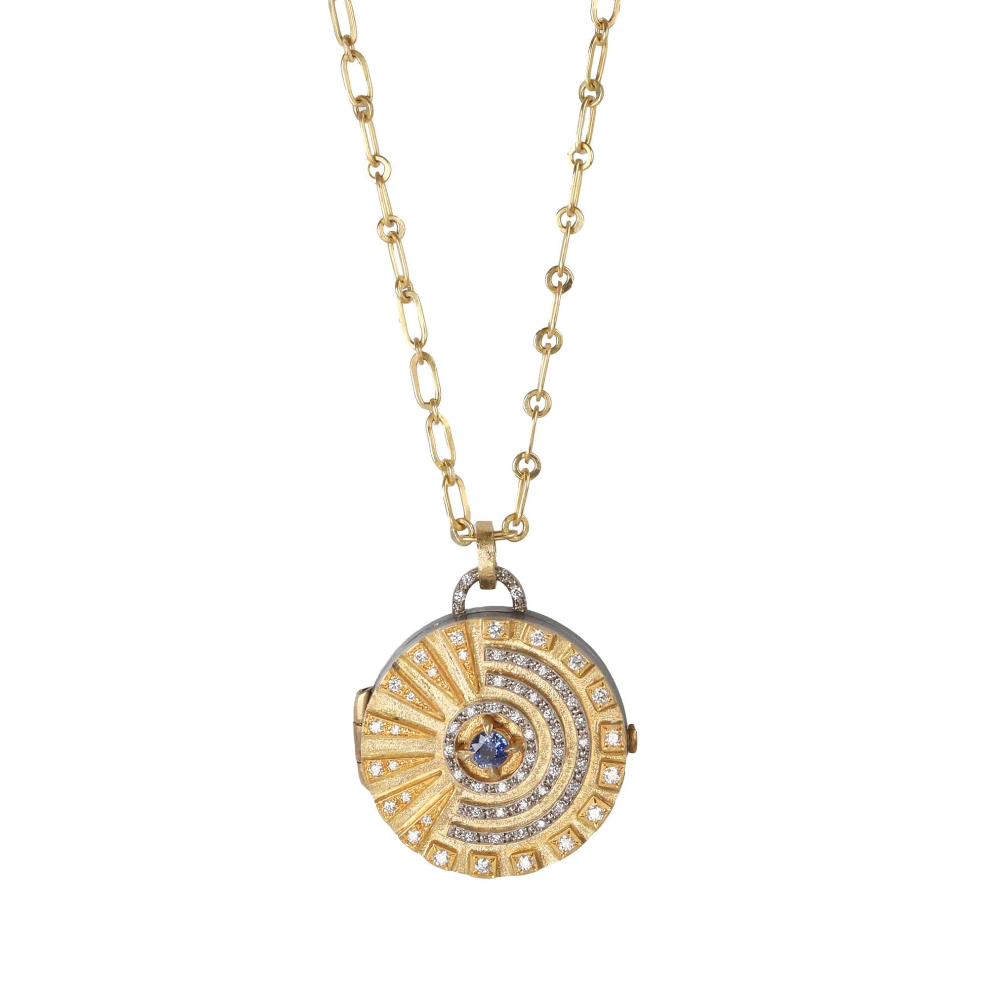 Mixed Metal "Radia" Locket with Diamonds & Center Blue Sapphire - Peridot Fine Jewelry - Annie Fensterstock