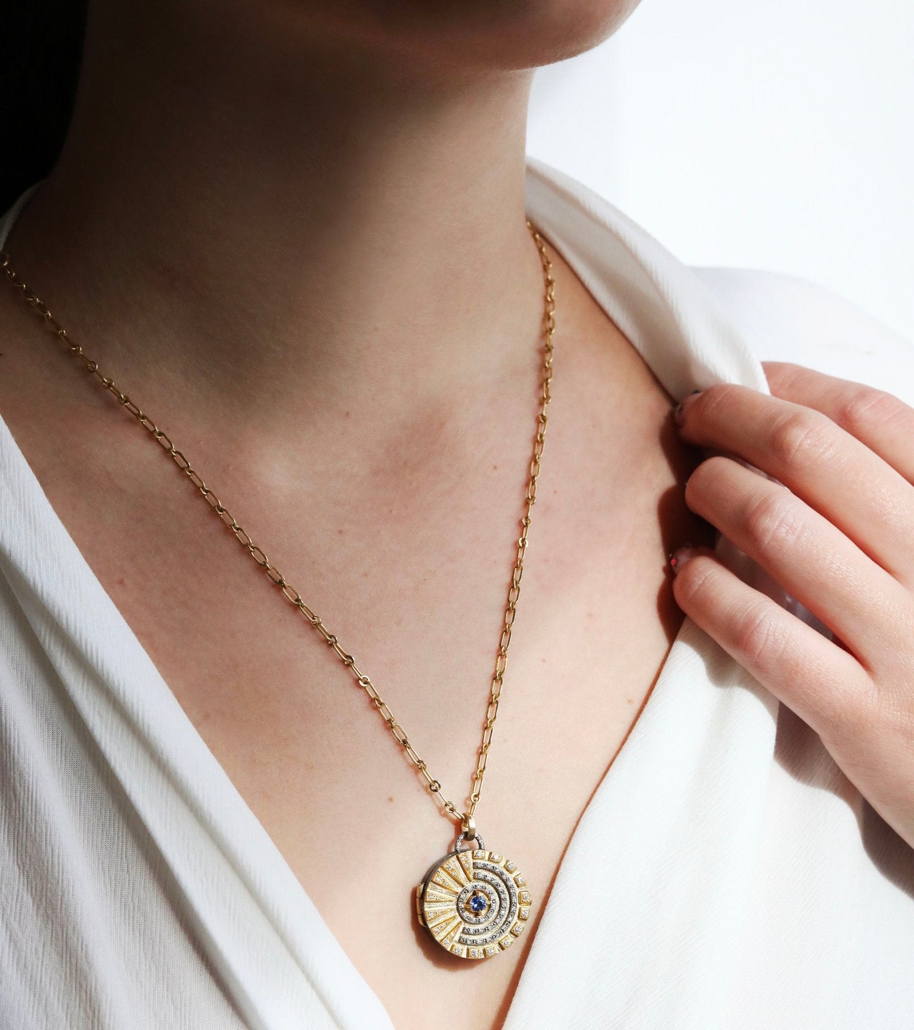 Mixed Metal "Radia" Locket with Diamonds & Center Blue Sapphire - Peridot Fine Jewelry - Annie Fensterstock