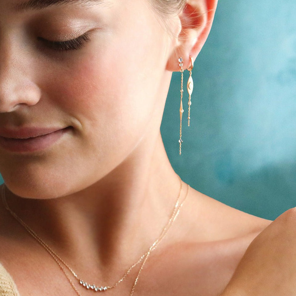 Moonstone, Diamond, and "Sun Beam" Spike Chain Earrings - Peridot Fine Jewelry - Celine Daoust