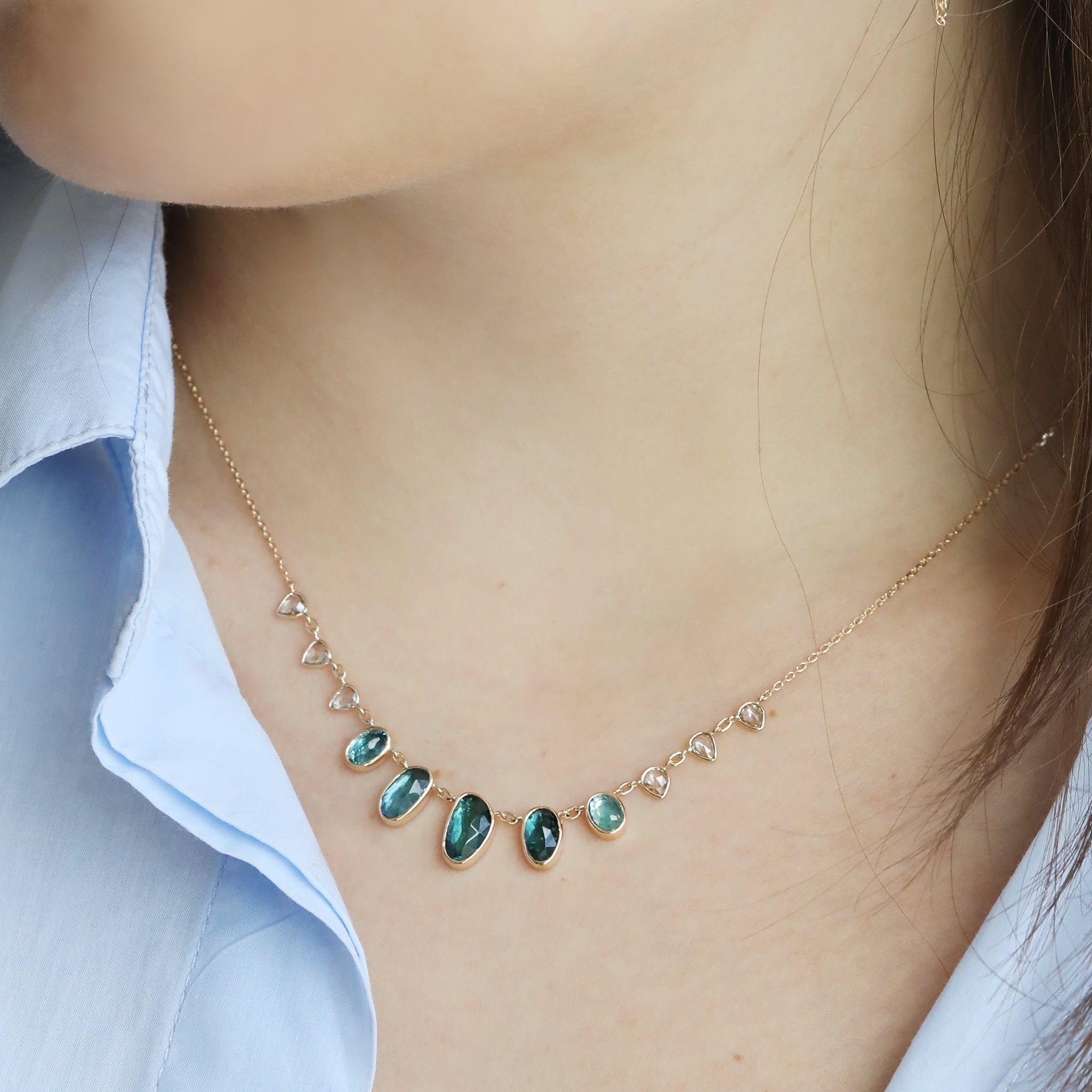 Multi Green Tourmaline Drop Necklace with Rosecut Diamonds - Peridot Fine Jewelry - Celine Daoust