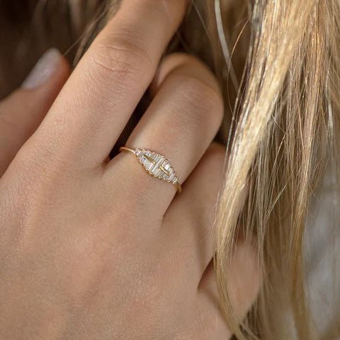Artemer ORDER ONLY: 18K Gold Baguette Diamond Cluster Ring with Bar Details