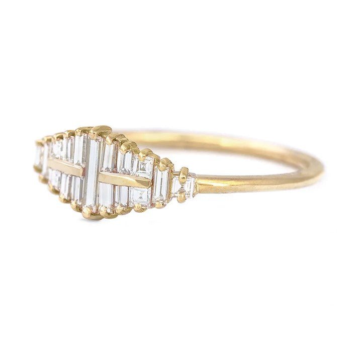 Artemer ORDER ONLY: 18K Gold Baguette Diamond Cluster Ring with Bar Details