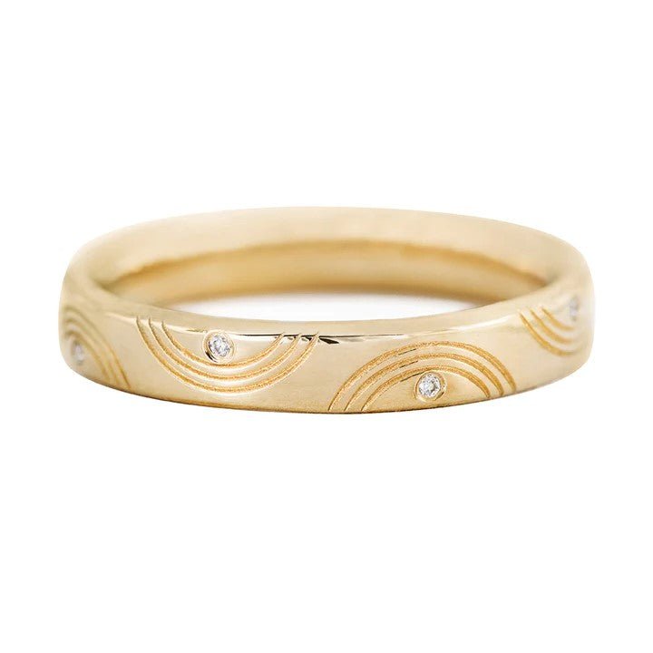 Artemer ORDER ONLY: 18K Gold Engraved &quot;Wavy&quot; Ring with Diamond Details