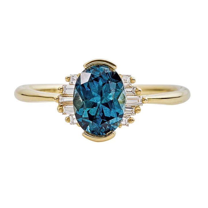 Artemer ORDER ONLY: Oval Teal Sapphire Ring with Baguette Diamond Accents