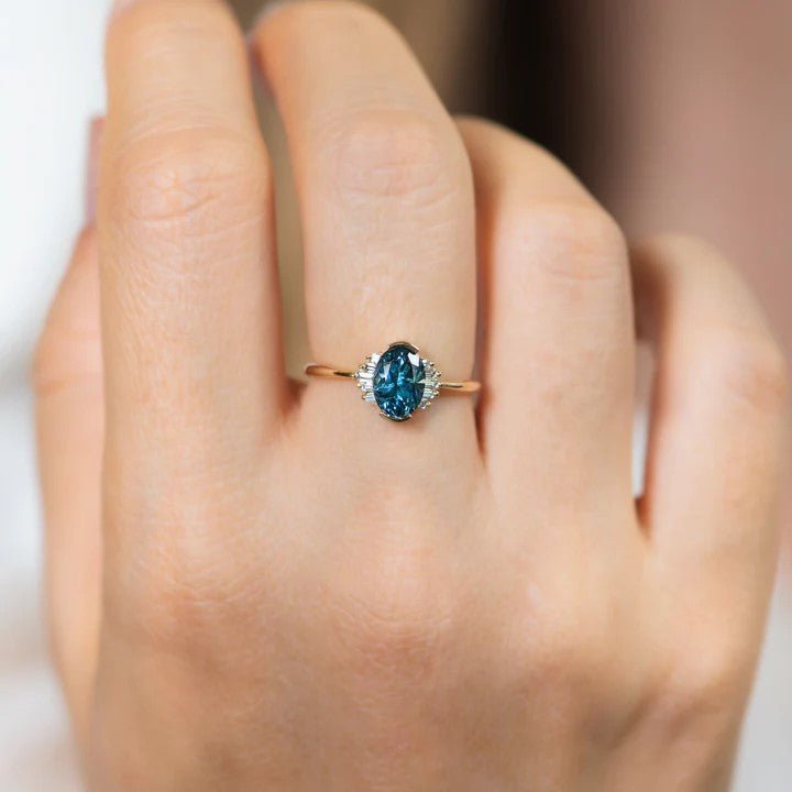Artemer ORDER ONLY: Oval Teal Sapphire Ring with Baguette Diamond Accents