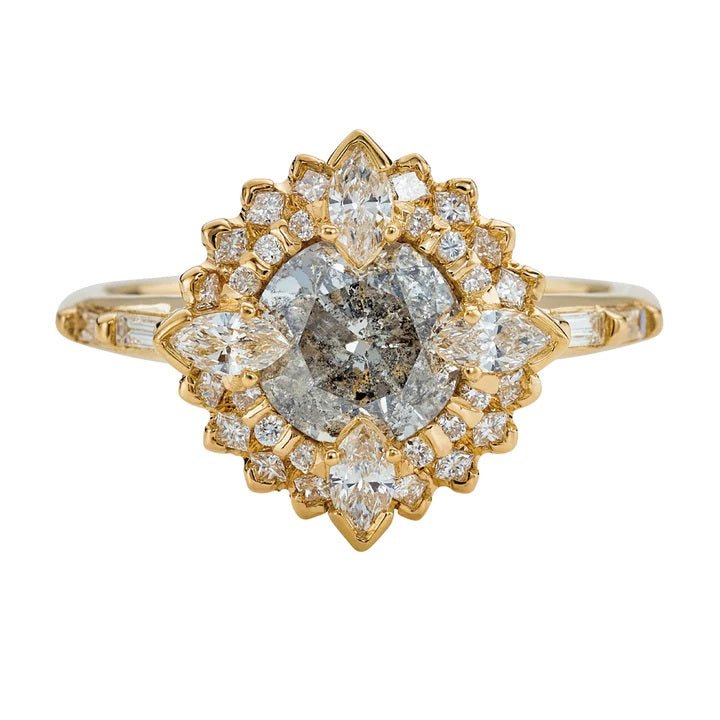 Artemer ORDER ONLY: Salt &amp; Pepper &quot;Golden Lotus&quot; Ring with White Diamond Halo