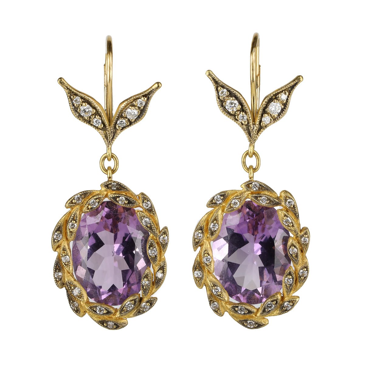 Cathy Waterman Oval Amethyst Earrings in 22K Gold &amp; Diamond &quot;Wreath&quot;