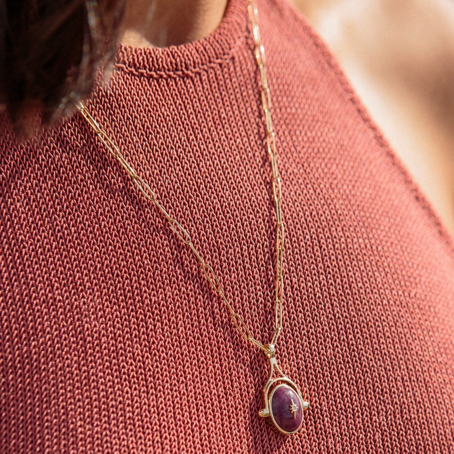 Zahava Oval Cabochon Ruby Spinning Pendant with Star Overlay