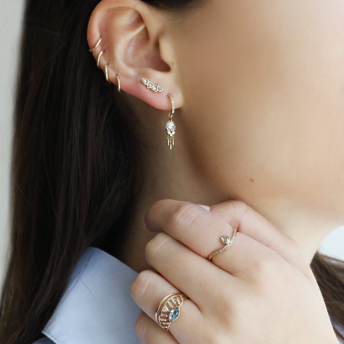 Pave Diamond Hoops with Rosecut Diamond "Jellyfish" Drops - Peridot Fine Jewelry - Celine Daoust
