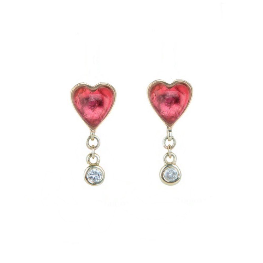 Zahava Pink Tourmaline "Byrdie" Heart Studs with Diamond Dangle