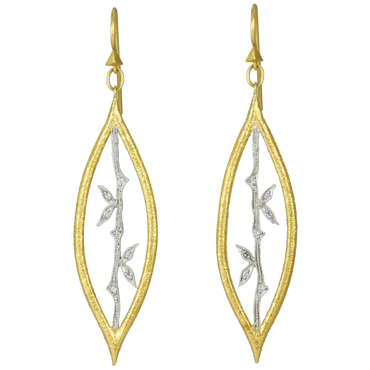 Cathy Waterman Platinum and 22K Gold &quot;Etched Marquise Bamboo&quot; Earrings