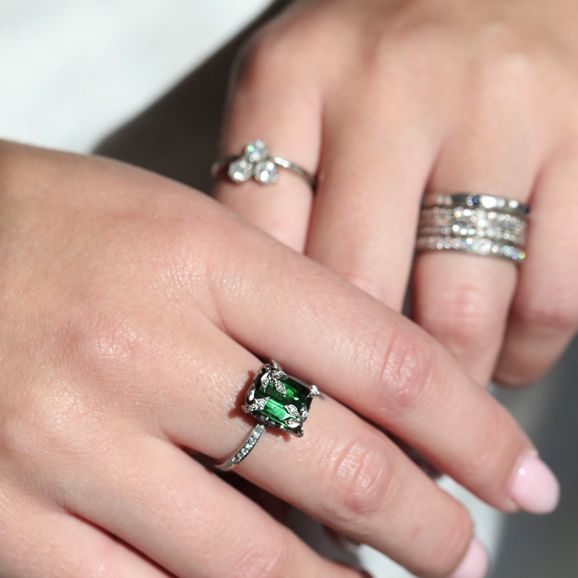 Platinum and Diamond &quot;Forest&quot; Ring with Emerald-Cut Green Tourmaline - Peridot Fine Jewelry - Cathy Waterman