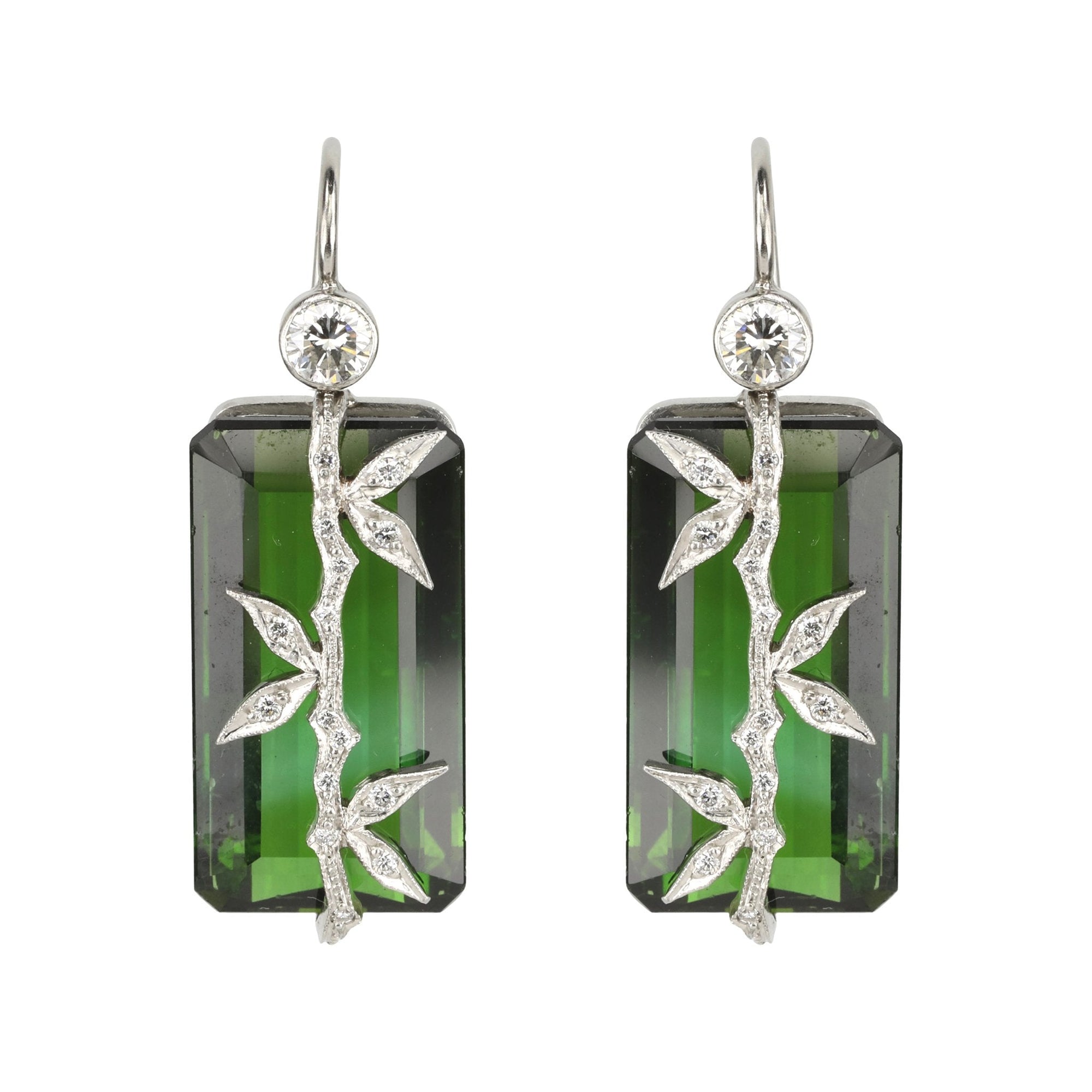 Cathy Waterman Platinum and Green Tourmaline Earrings with Diamond &quot;Bamboo&quot; Overlay
