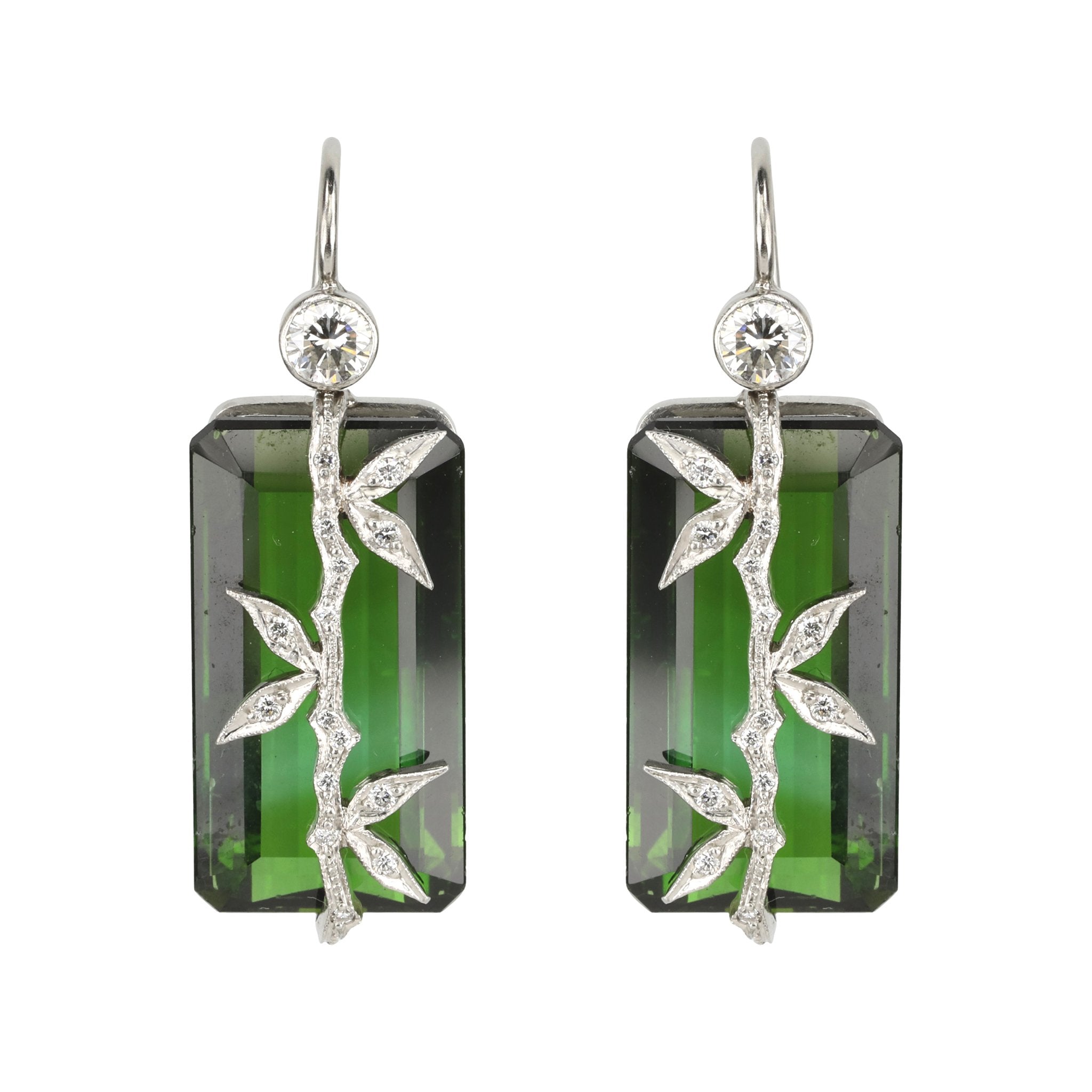 Cathy Waterman Platinum and Green Tourmaline Earrings with Diamond &quot;Bamboo&quot; Overlay