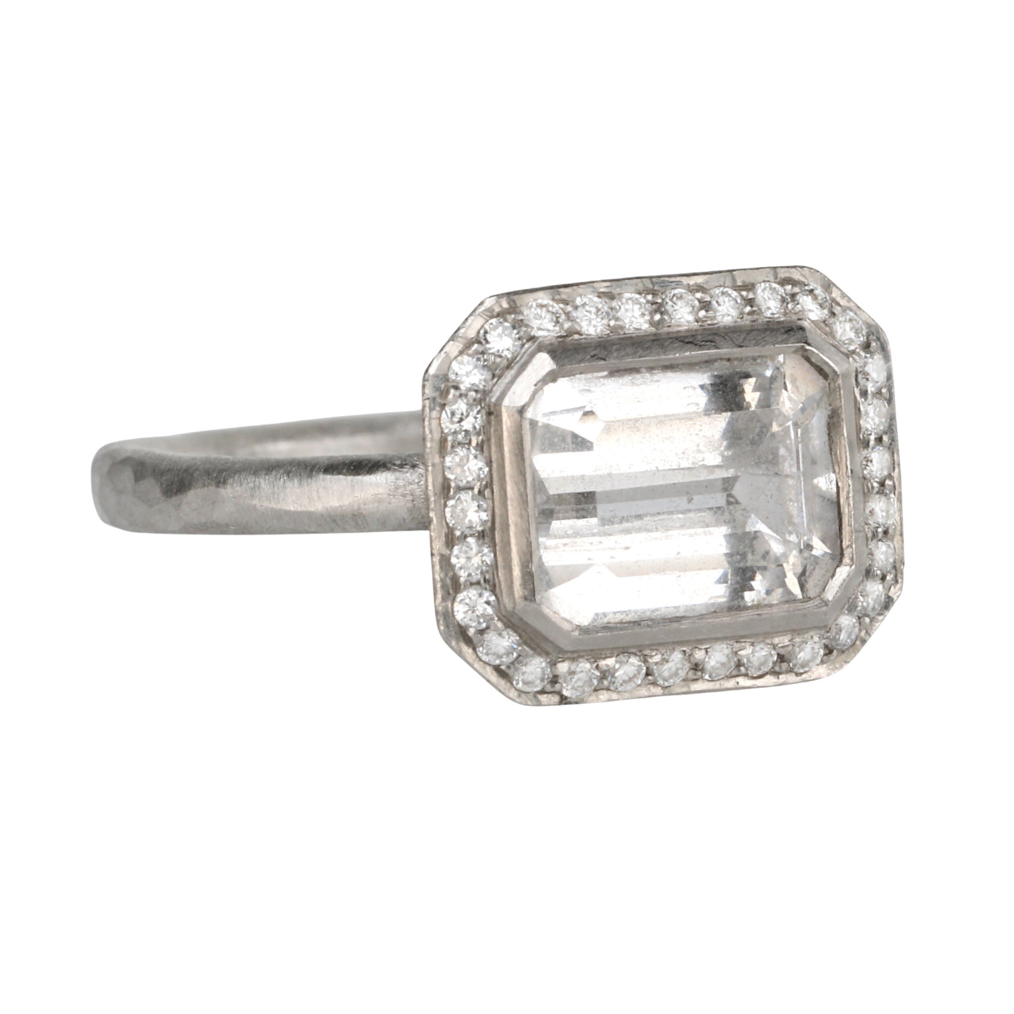 Platinum &amp; East-West Emerald-Cut White Sapphire Ring with Diamonds - Peridot Fine Jewelry - Annie Fensterstock