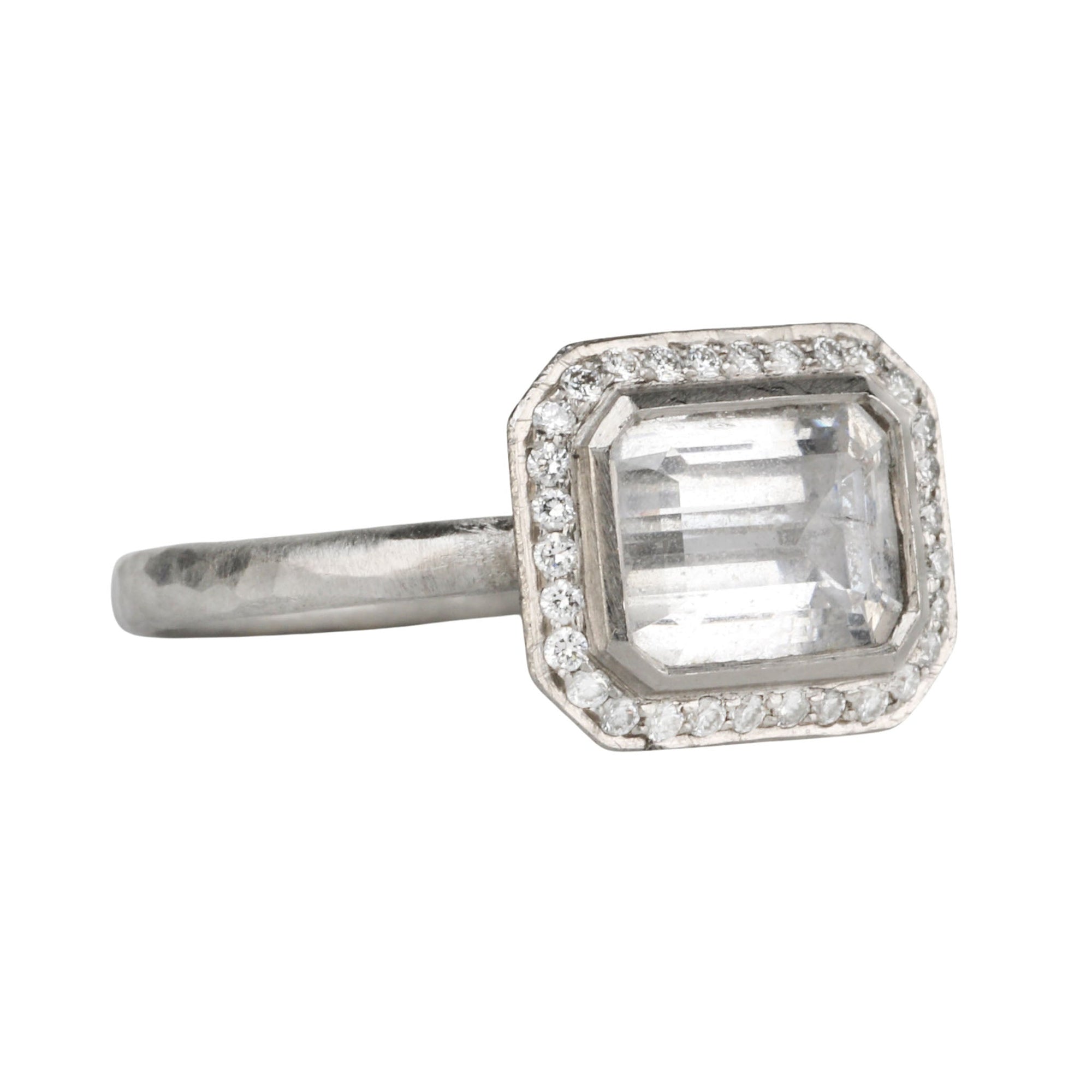 Platinum &amp; East-West Emerald-Cut White Sapphire Ring with Diamonds - Peridot Fine Jewelry - Annie Fensterstock