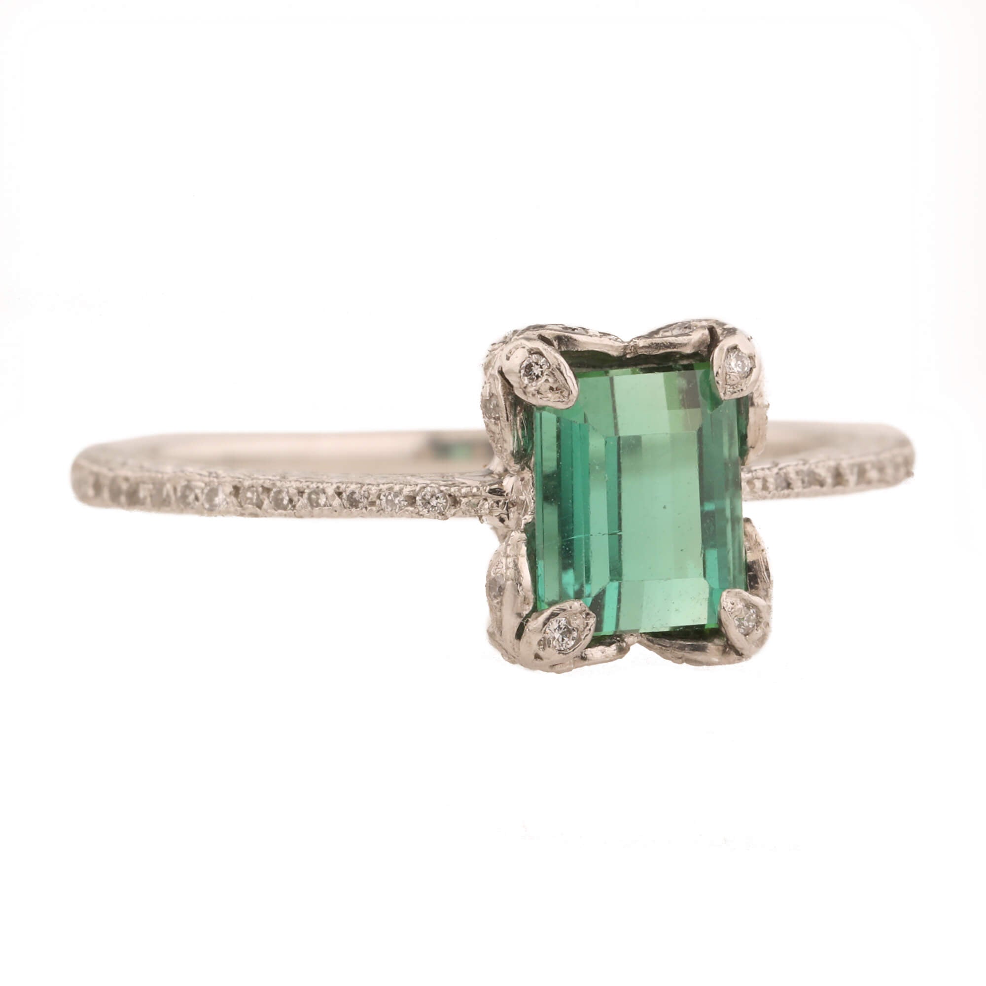 Cathy Waterman Platinum &quot;Flower Corner&quot; Ring with Green Tourmaline Center &amp; Diamond Details