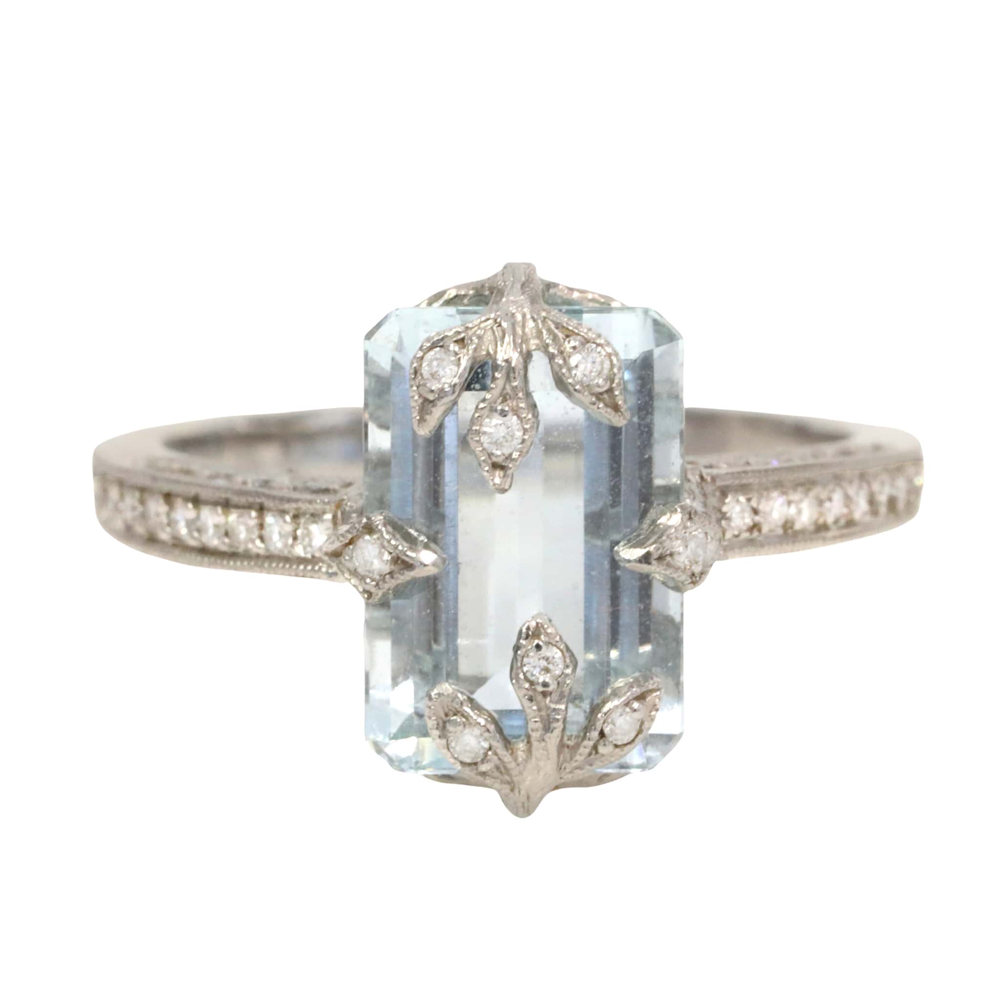  Cathy Waterman Platinum &quot;Forest&quot; Ring with an Emerald-Cut Aquamarine and Pave Diamonds