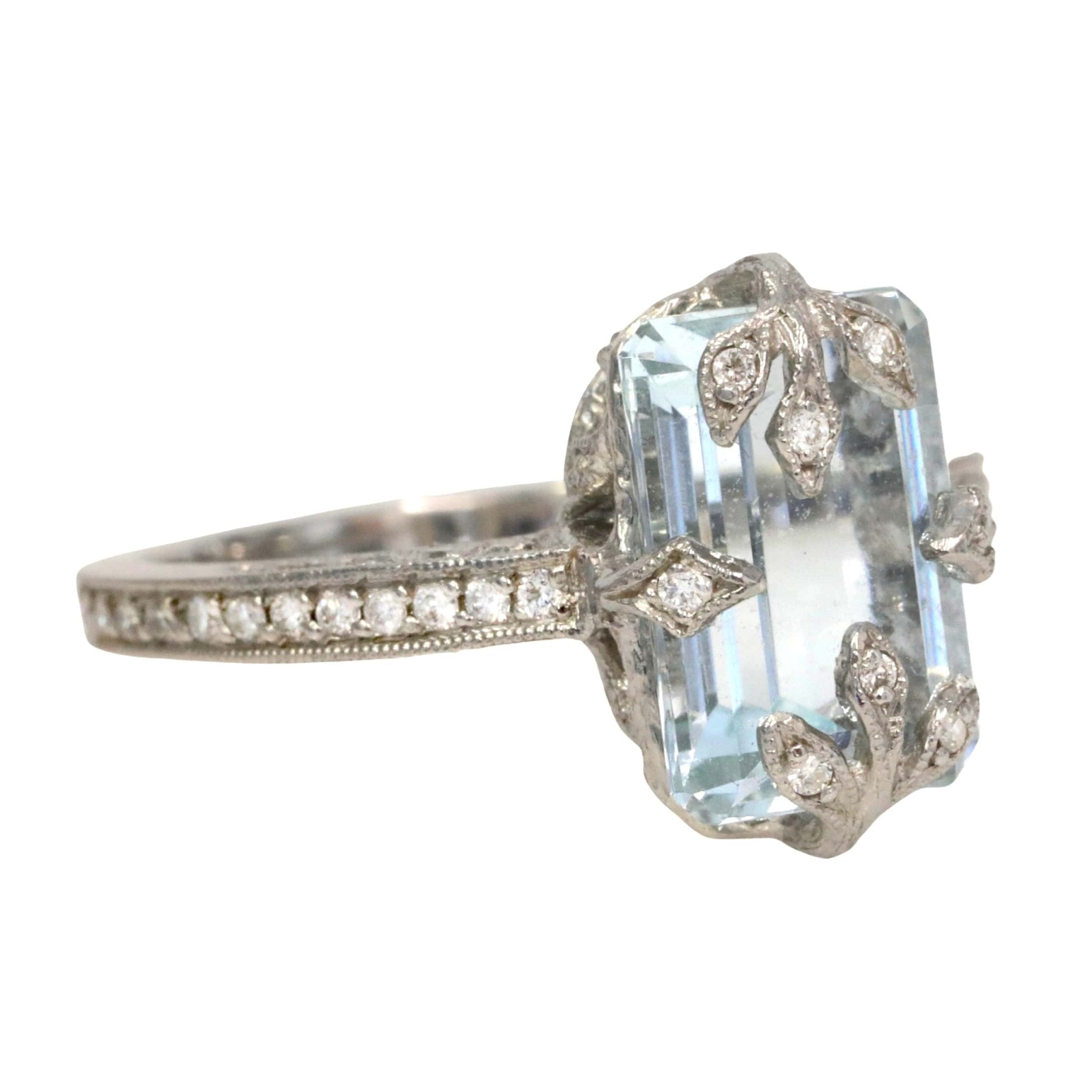  Cathy Waterman Platinum &quot;Forest&quot; Ring with an Emerald-Cut Aquamarine and Pave Diamonds