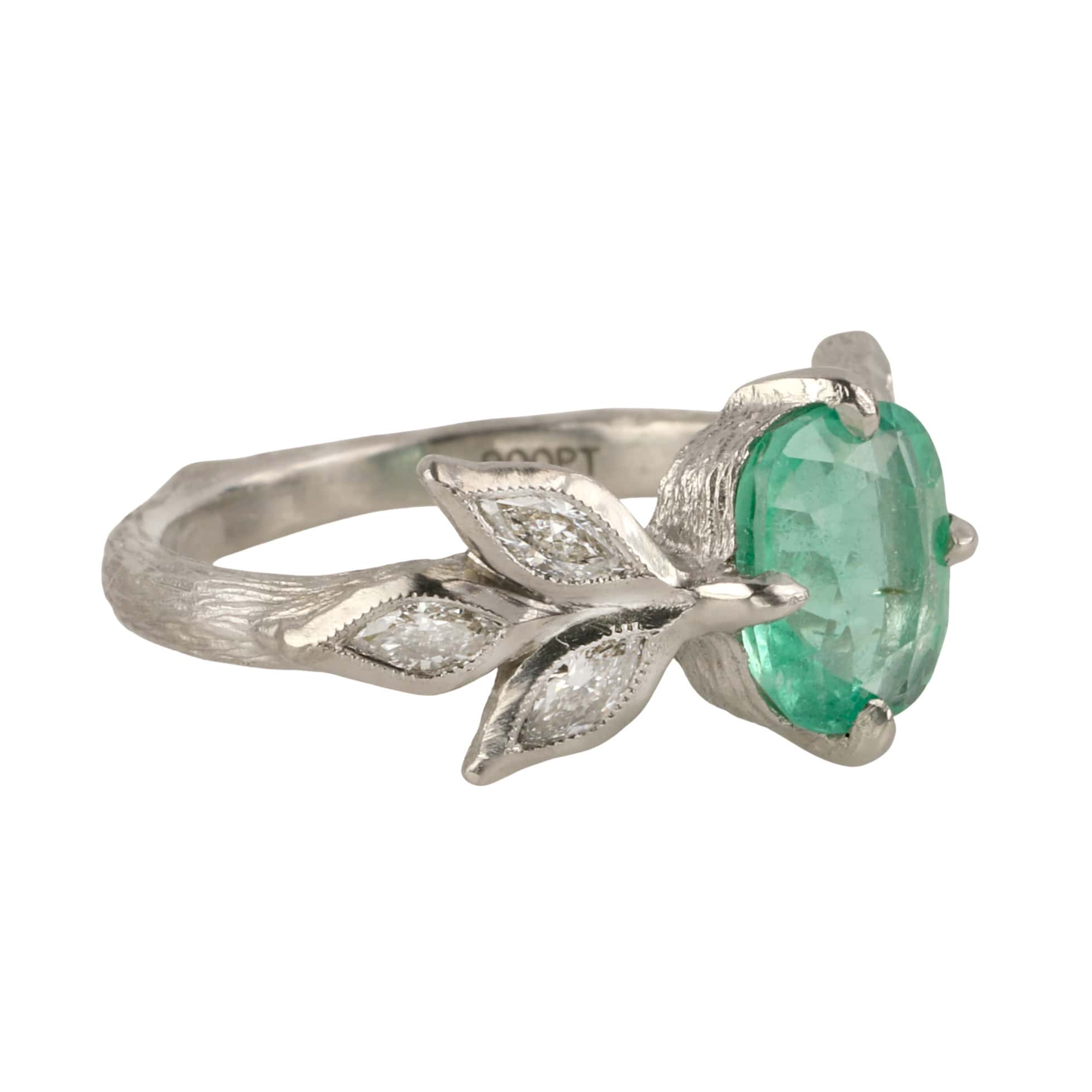 Cathy Waterman Platinum &quot;Leaf Branch&quot; Ring with Ethiopian Emerald and Diamonds