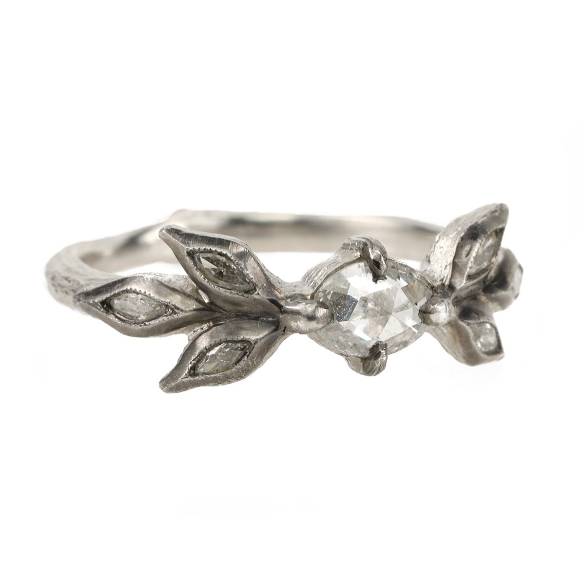 Cathy Waterman Platinum Oval Rosecut Diamond Ring with Marquise Diamond &quot;Leaves&quot;