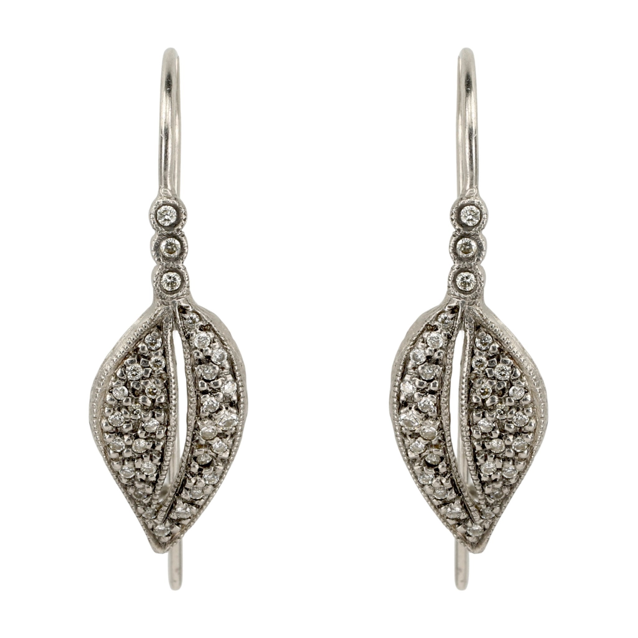 Platinum &amp; Pave Diamond Small Leaf Earrings