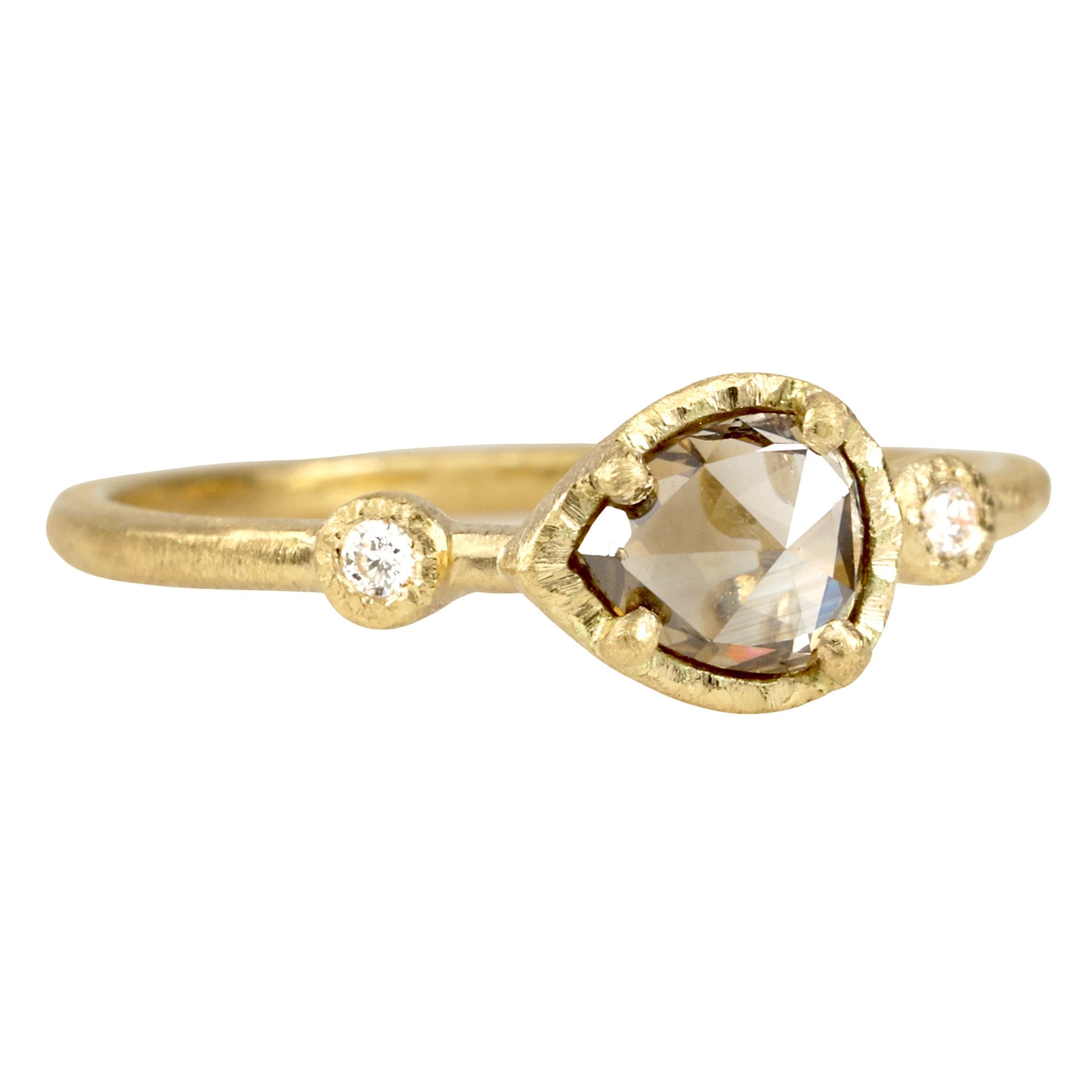 Prong-Set Rose Cut Pear Shaped Light Brown Diamond Ring