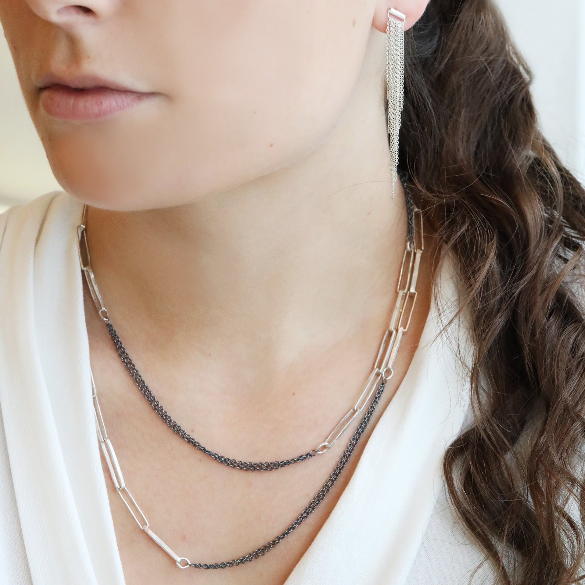 &quot;Quinn 2.0&quot; Sterling Silver Rectangular Link Necklace with Oxidized Sterling Silver Chain - Peridot Fine Jewelry - Sarah Macfadden