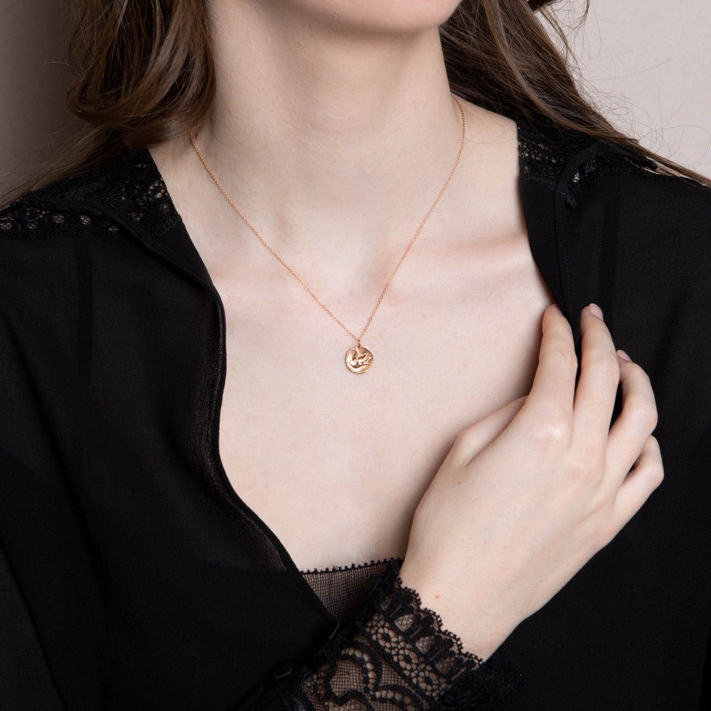Tiny Om Rose Gold &quot;Graceful Songbird Medal&quot; Disc Necklace