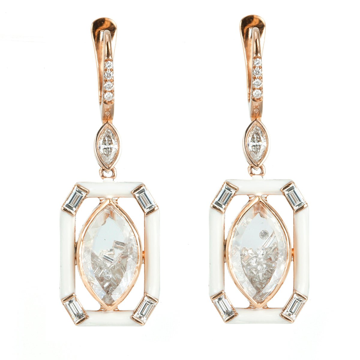 Moritz Glik Rose Gold Marquise-Shaped Diamond &quot;Shake&quot; Earrings with White Enamel