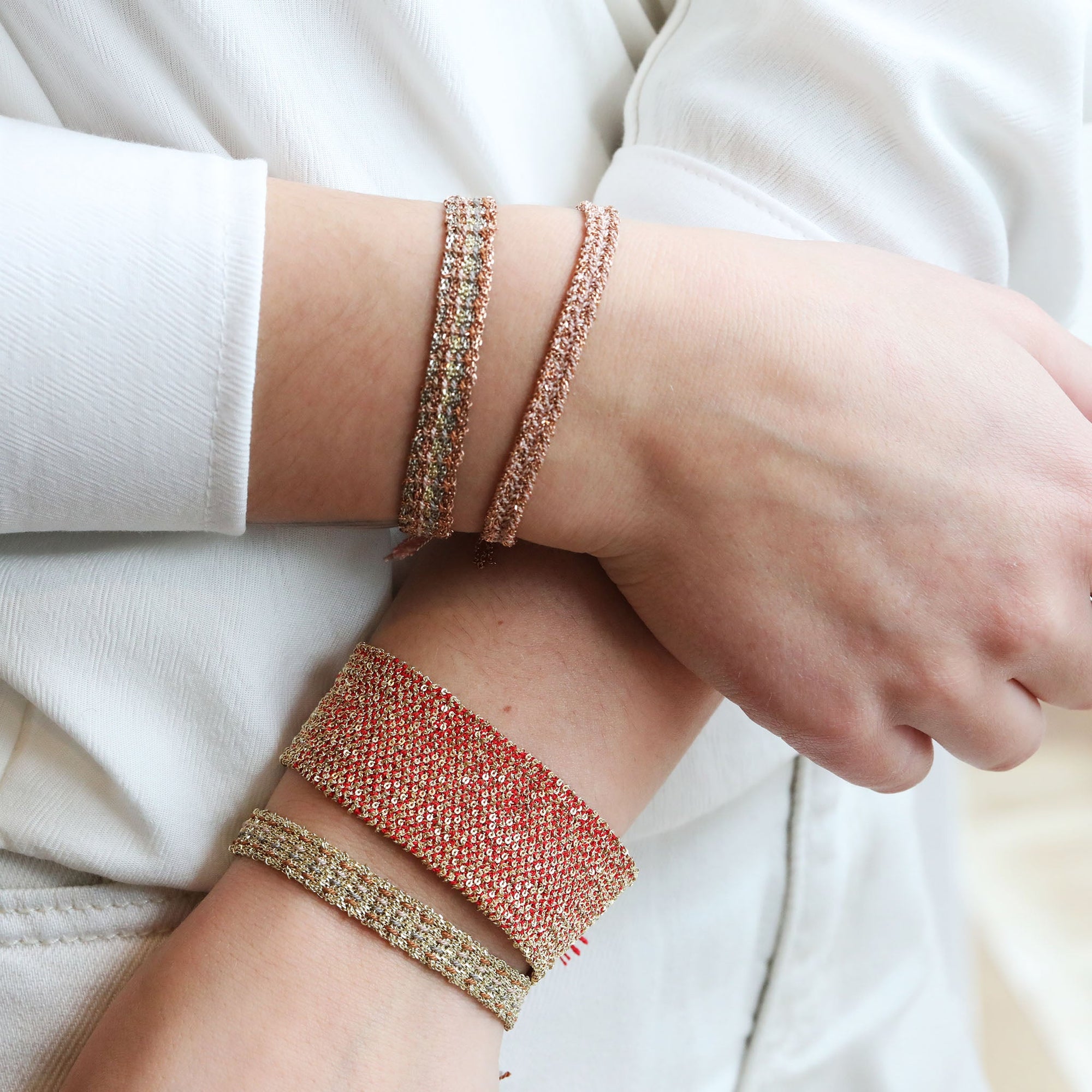 Rose Gold Vermeil &amp; Nude Silk Woven Bracelet - Peridot Fine Jewelry - Marie Laure Chamorel