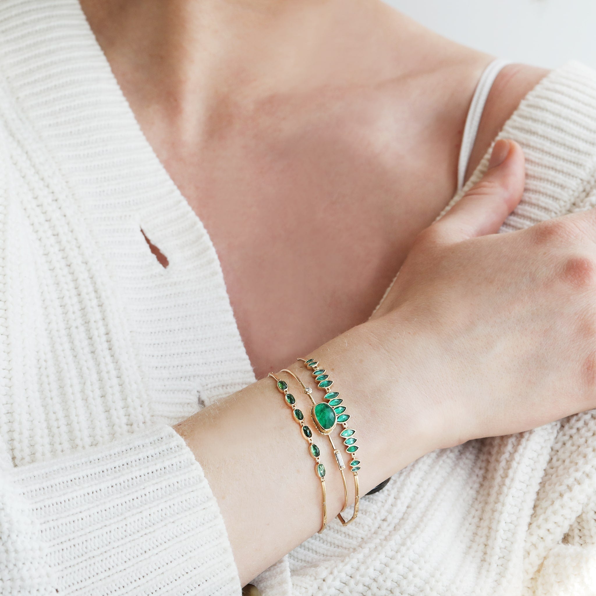 Jamie Joseph Rosecut Asymmetrical Emerald Bracelet with Diamond Accents