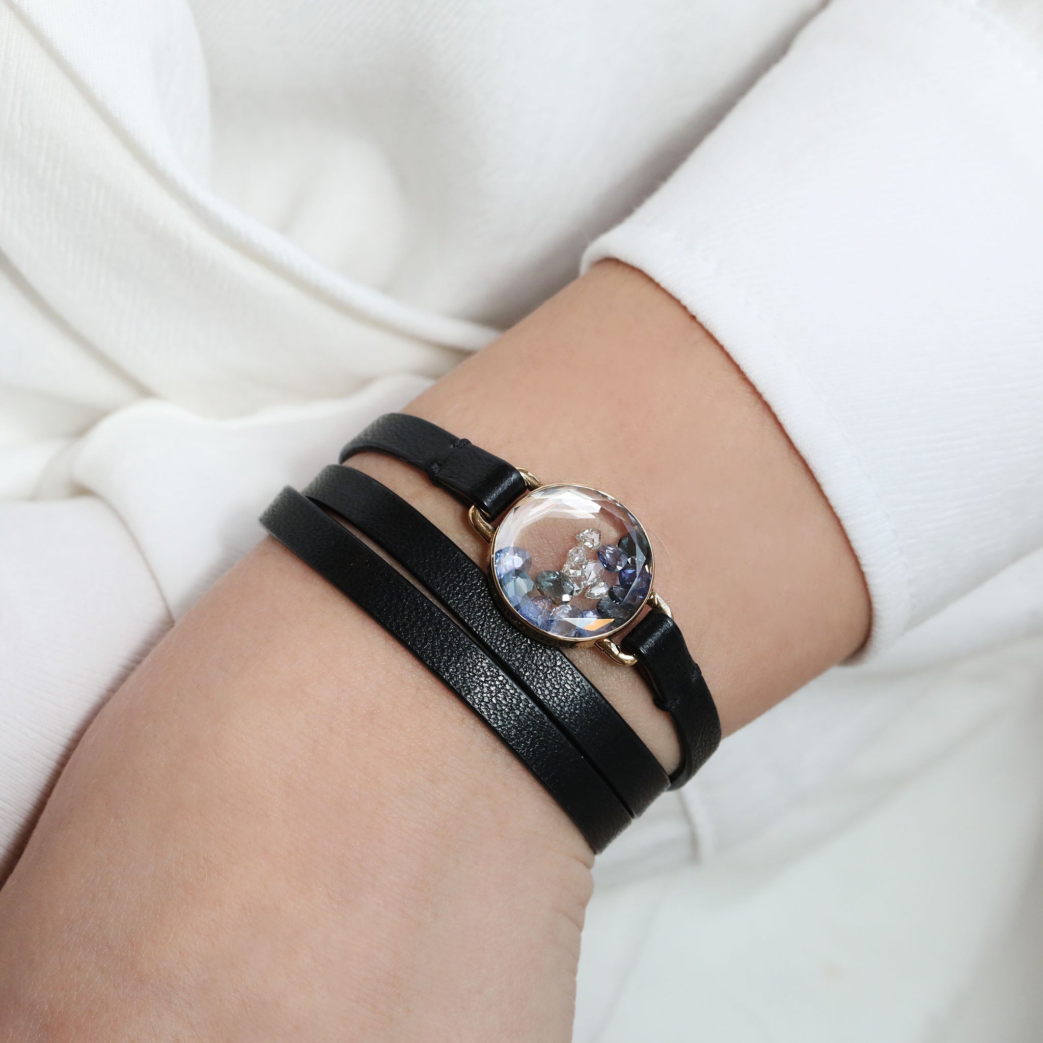 Rosecut Diamond and Blue Sapphire &quot;Shake&quot; Bracelet with Leather Cord - Peridot Fine Jewelry - Moritz Glik