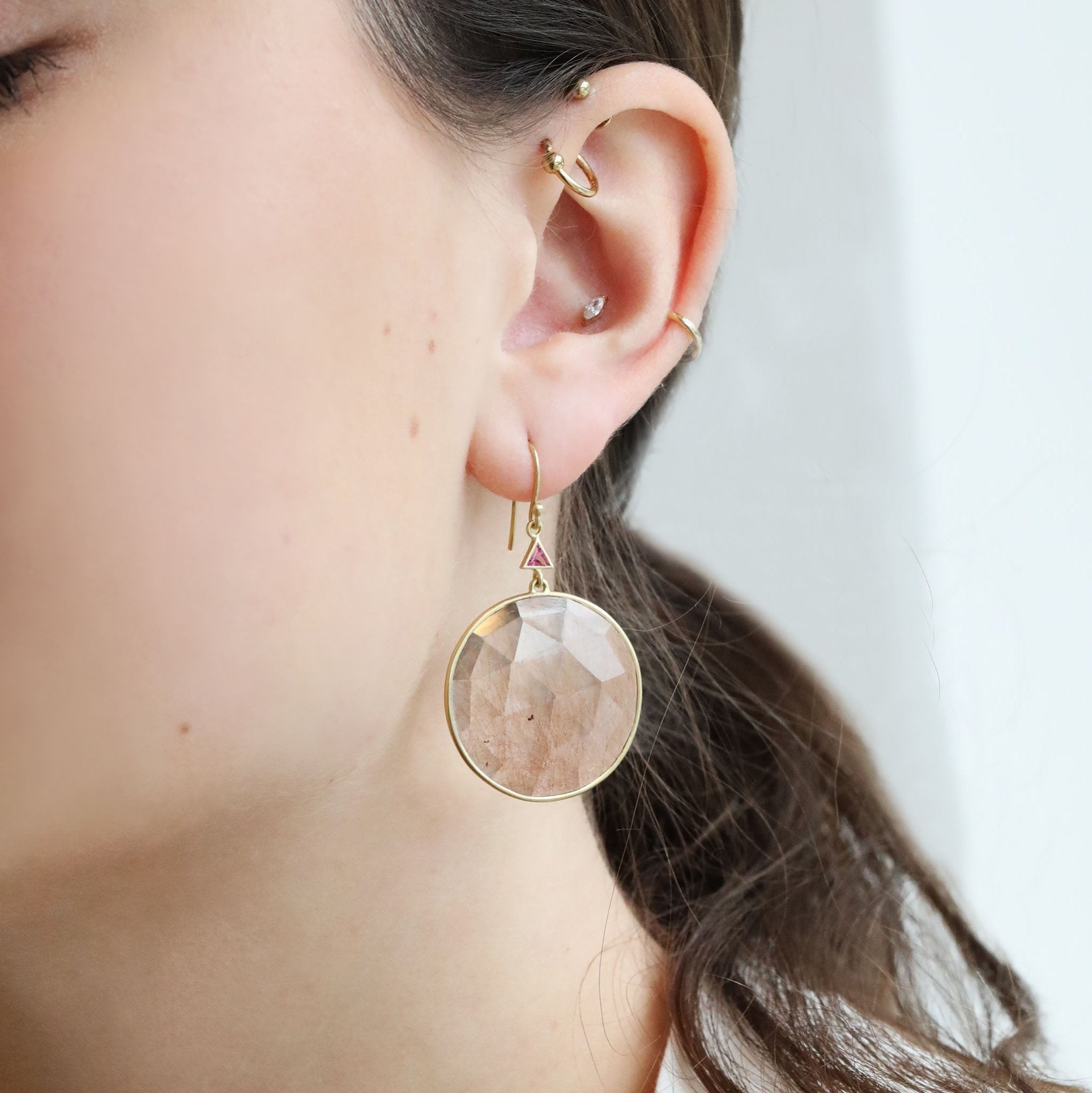Round Rutilated Quartz Earrings with Triangular Pink Tourmalines - Peridot Fine Jewelry - Kothari