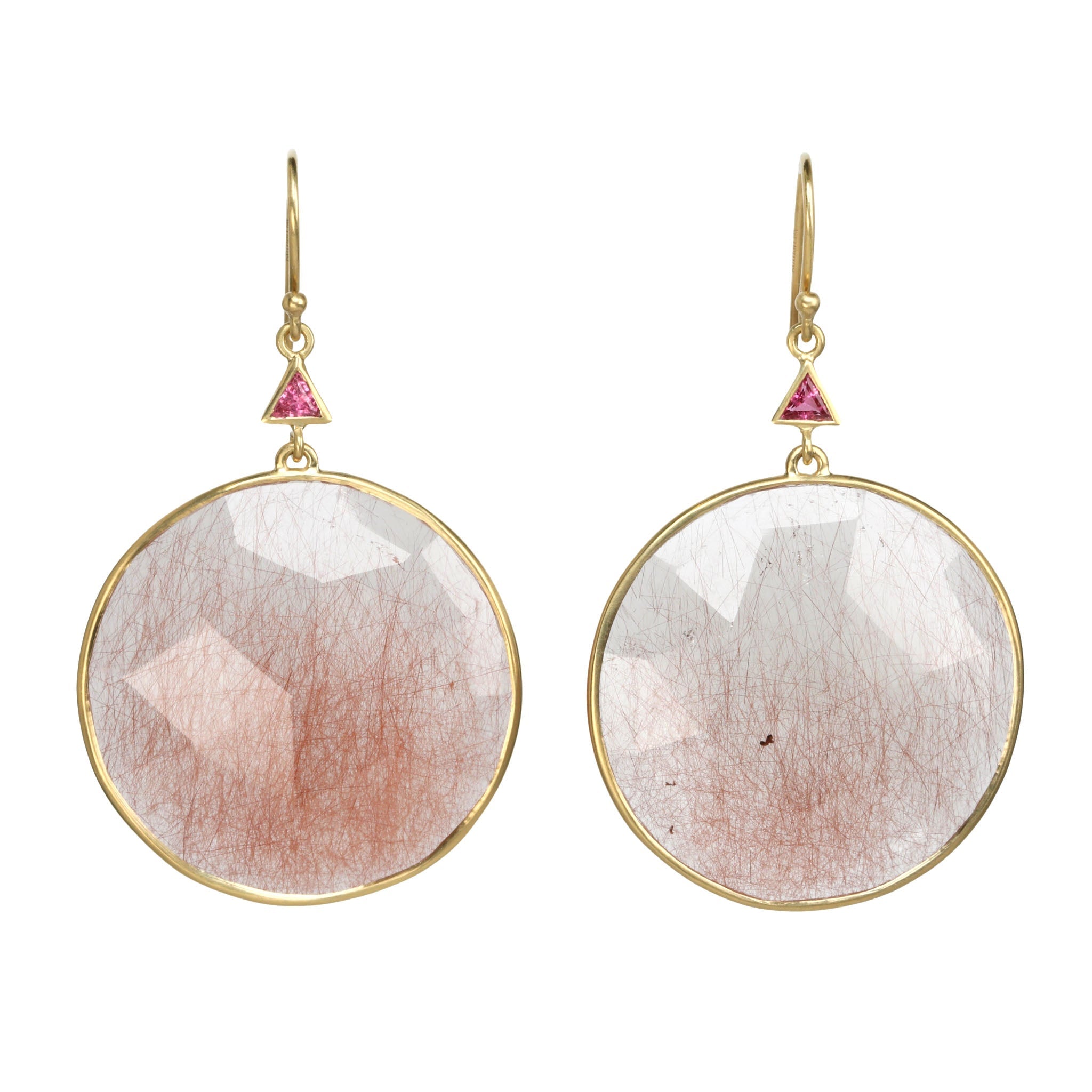 Round Rutilated Quartz Earrings with Triangular Pink Tourmalines - Peridot Fine Jewelry - Kothari