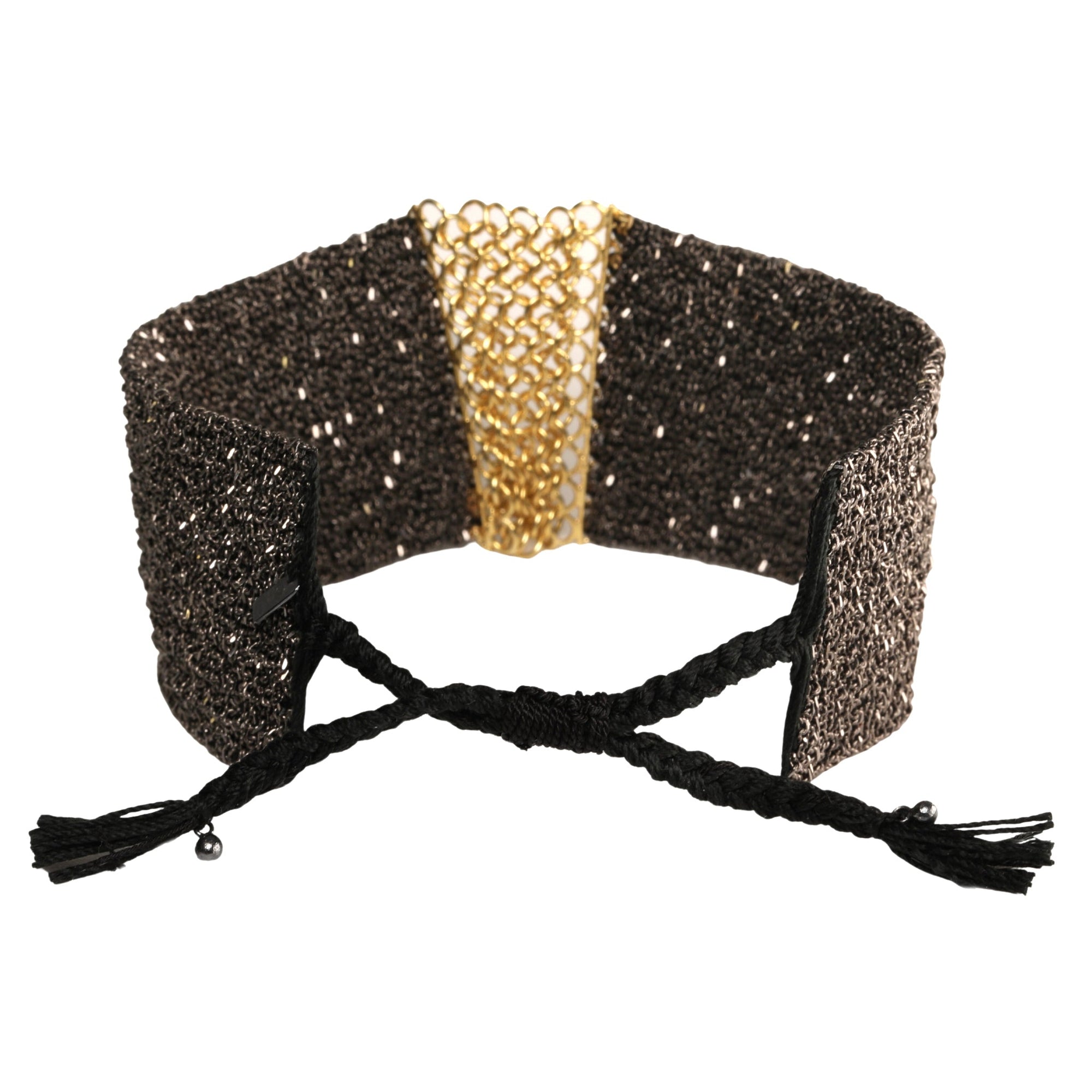 Ruthenium &amp; Black Silk Woven Wide Bracelet with Gold Mesh Center - Peridot Fine Jewelry - Marie Laure Chamorel