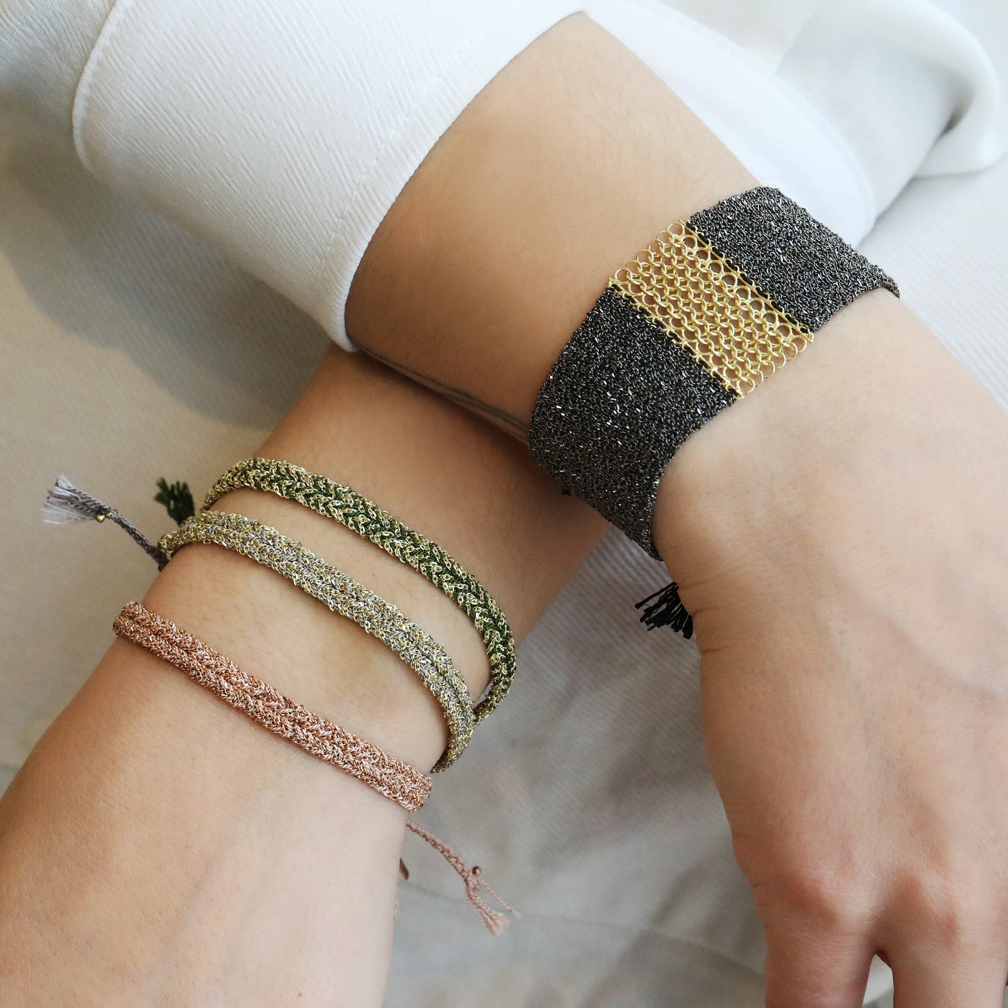 Ruthenium &amp; Black Silk Woven Wide Bracelet with Gold Mesh Center - Peridot Fine Jewelry - Marie Laure Chamorel