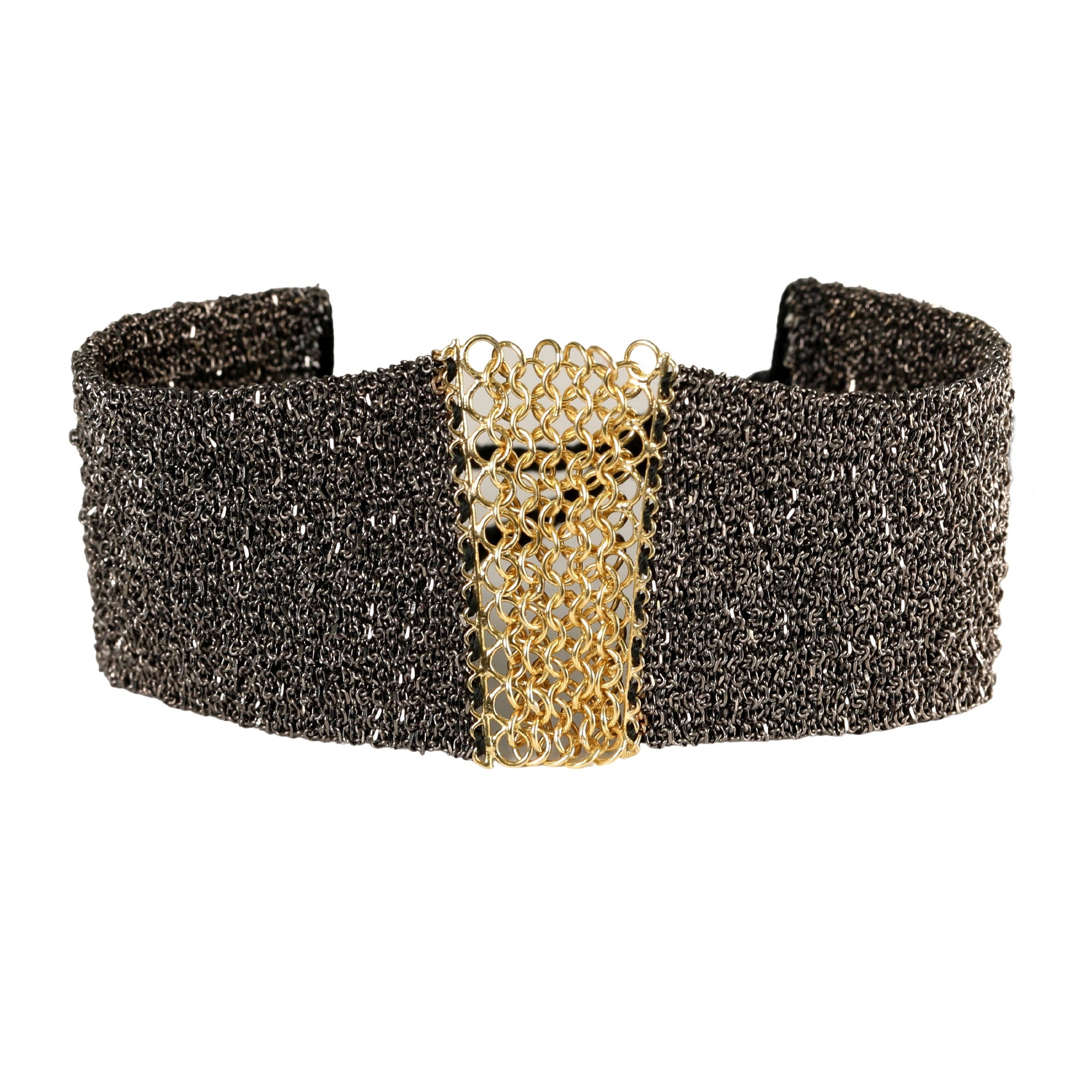 Ruthenium &amp; Black Silk Woven Wide Bracelet with Gold Mesh Center - Peridot Fine Jewelry - Marie Laure Chamorel