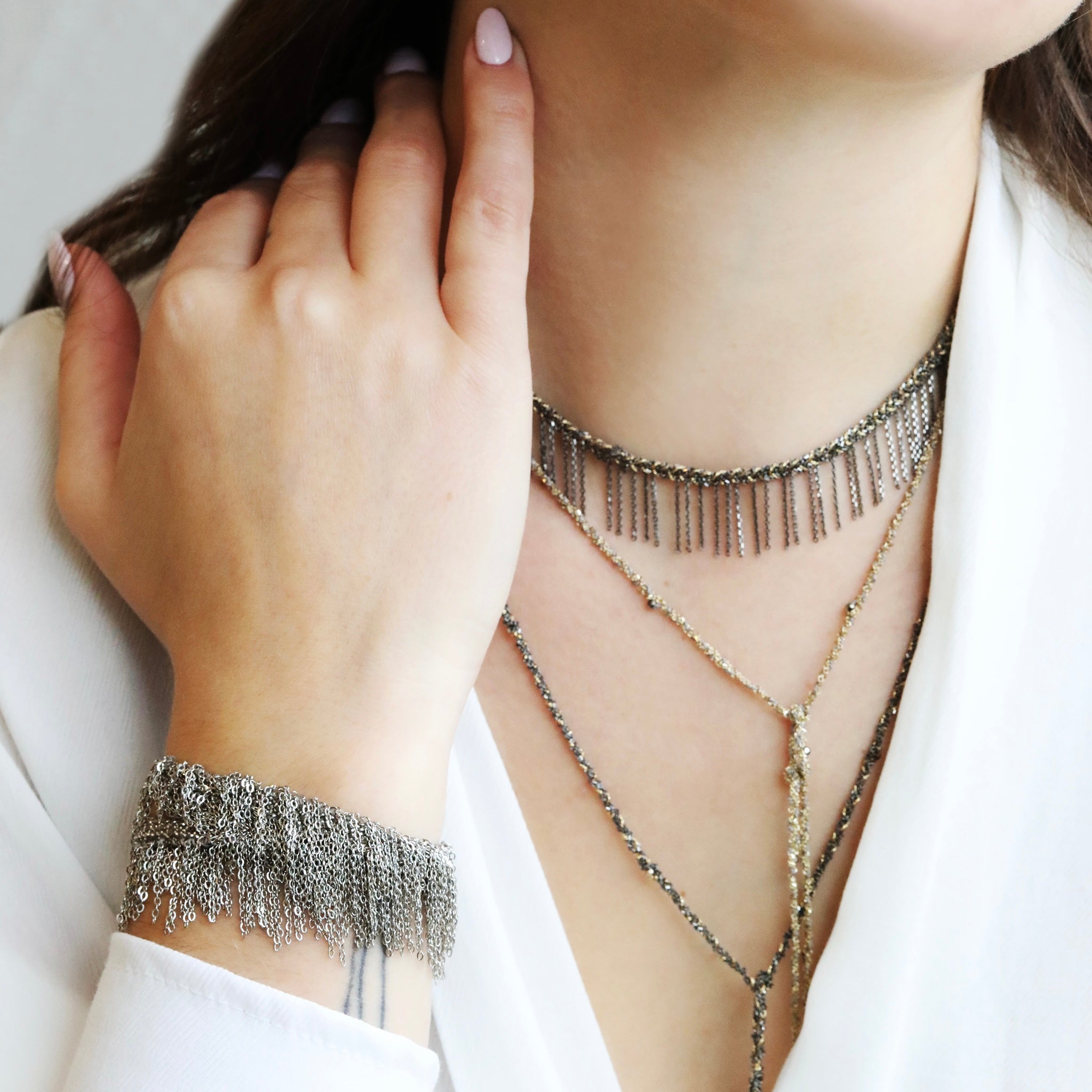 Ruthenium &amp; Gold Vermeil Woven &quot;Fringe&quot; Necklace - Peridot Fine Jewelry - Marie Laure Chamorel